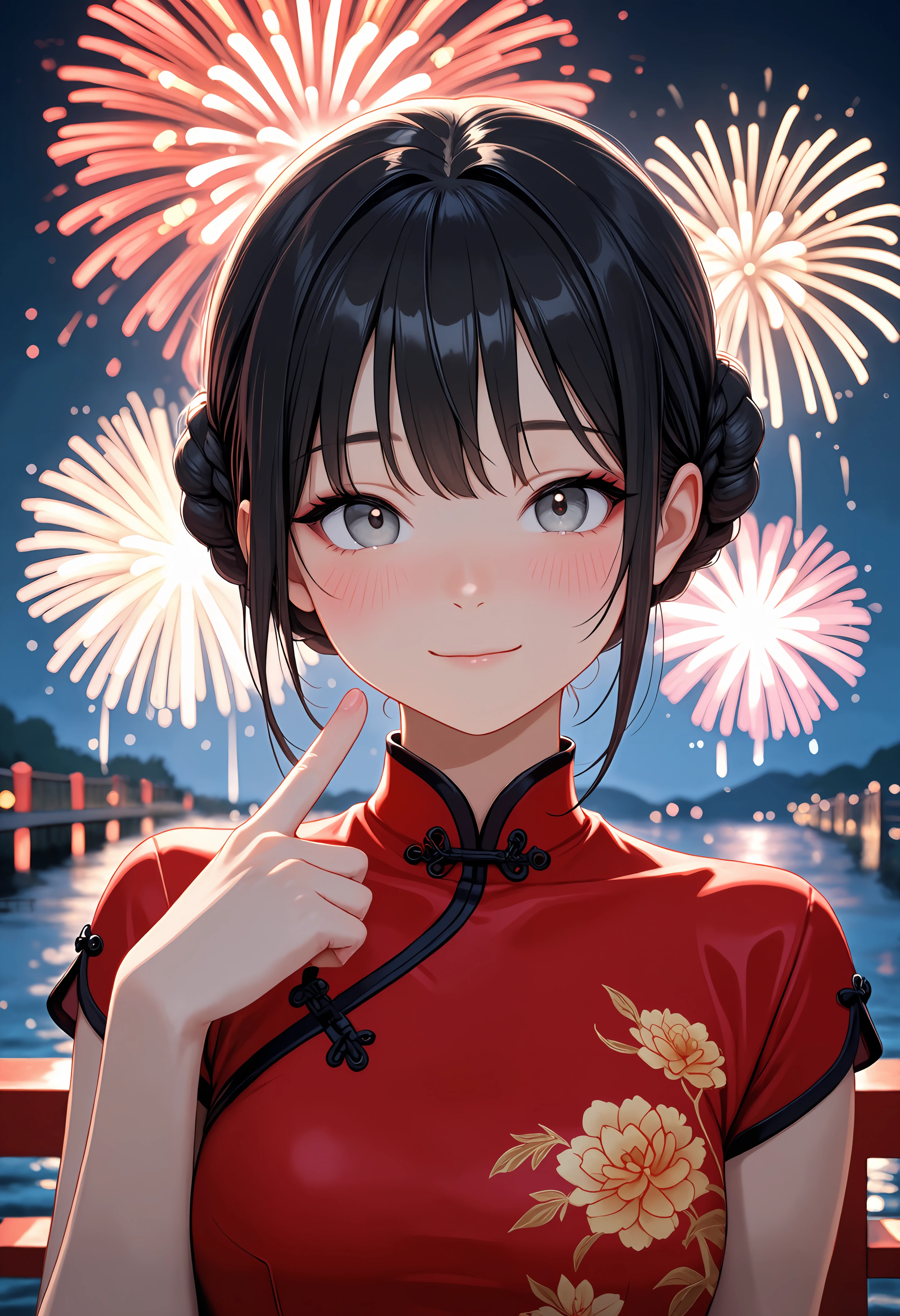 masterpiece, best quality, amazing quality, 1girl, upper body, close up, black hair, braided bun, short hair, red china dress, looking at viewer, blush, light smile, outdoors, night, fireworks, pointing at self, water