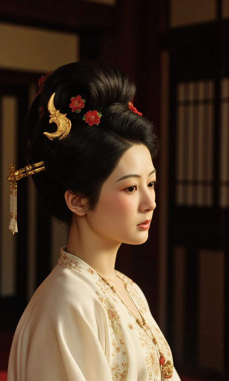 Top Atmosphere Photography Works, extremely realistic, Art by Zhang Jing,
HWF, MUDAN, This is a photograph from the historical drama, featuring a serene and elegant scene set in a dimly lit, ancient Chinese palace. The central figure is a young woman of East Asian descent, likely of Han Chinese ethnicity, with fair skin and delicate features. She has an oval face, almond-shaped eyes, and a small, delicate nose. Her dark hair is styled in an elaborate updo adorned with intricate hairpins, including a large, ornate hairpin with a golden crescent moon and red flowers.
She is dressed in traditional Tang dynasty hanfu attire, specifically a white, flowing robe with intricate embroidery, and a long, delicate necklace with a pendant. The robe's fabric appears to be made of silk, reflecting a soft, matte texture.
(photorealistic:1.5), (Extremely realistic, masterpiece, top quality, official art, best quality, beautiful and aesthetic:1.2), 4k, 8k, very rich details, 24bit colors, vivid colors, cinematic color grading, landscape,