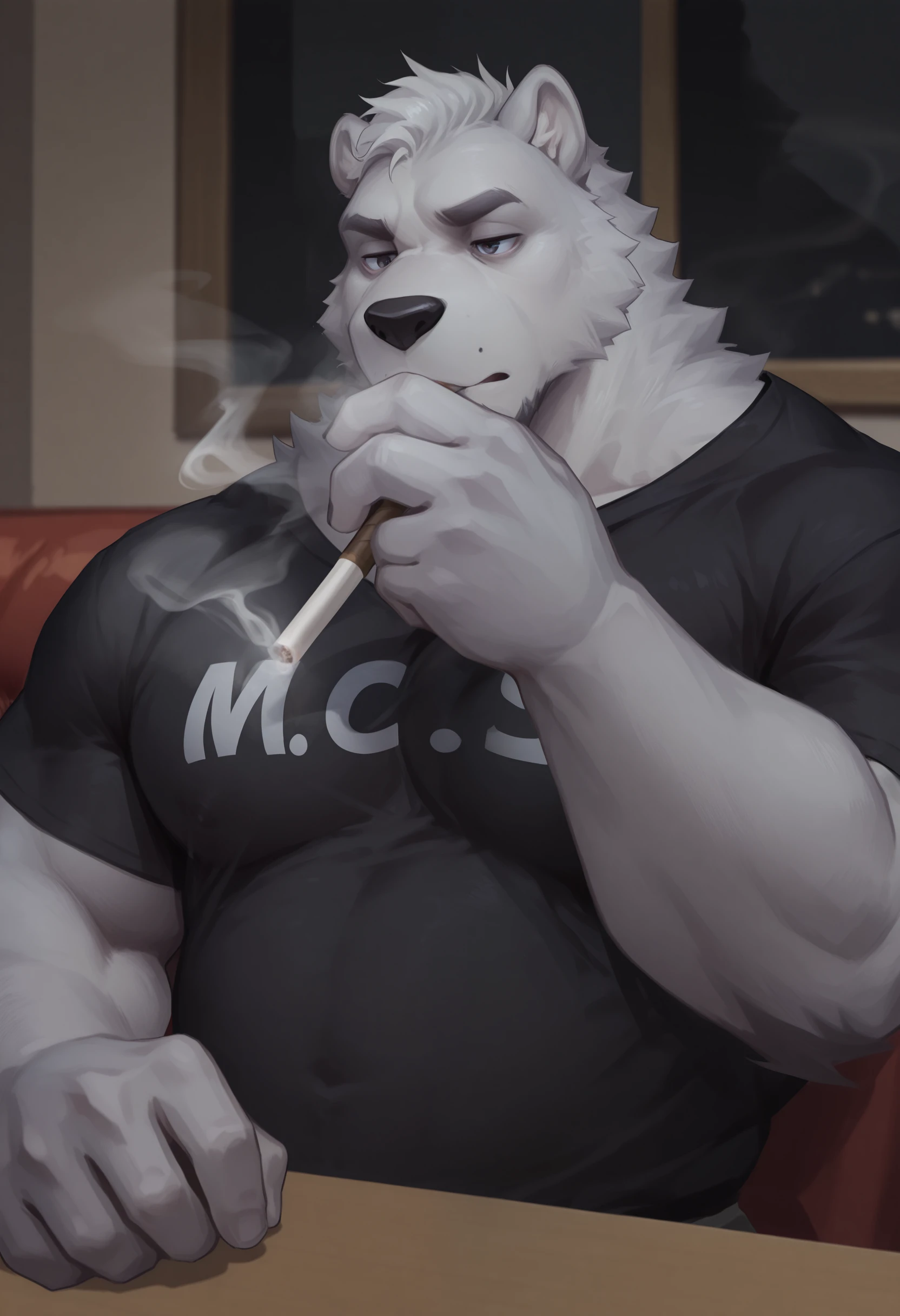 masterpiece, best quality, amazing quality, 1boy, solo, GreyBC, upper body, smoking, cigarette, black shirt