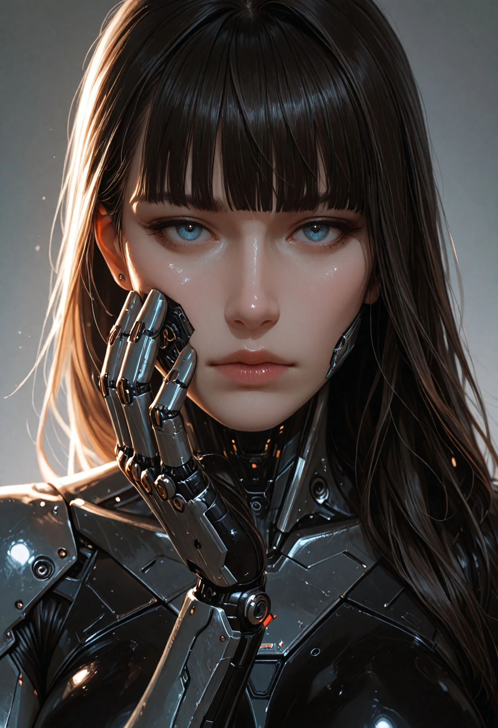 portrait, extreme close-up, face focus, cyberwear on face, mechanical cheeks, metal cheeks, steel cheeks, android, cyborg, lazypos, 1girl, detailed eyes, (pretty face), (detailed face), (slender, lean, fit, athletic:1.5), rating_explicit, rating_nsfw, (sexy), defined midriff, skindentations, medium breasts, (perfect body), photo-realistic, realistic skin, realistic textures, detailed skin, photorealistic, ultrarealistic, 8k, impossible clothing, hypersexualized, mature themes, inappropriate content, vulgar, obscene, nsfw, explicit, adult content, erotic, suggestive, intimate, provocative, A close-up digital illustration shoot from a close up camera angle about a futuristic female character with robotic features, showcasing intricate details and a serious expression. the image also shows a highly detailed and realistic style, with a focus on the mechanical parts of the character's face and upper body. on the middle of the image, a woman with pale skin and blue eyes, who appears to be in her early twenties, with long, straight, dark brown hair and a slender physique, is facing the viewer with her eyes looking directly at the viewer. her expression is serious and intense, with her lips slightly parted and her nose pierced with a septum piercing. she is holding a large, metallic, robotic hand with intricate, mechanical details on both hands, which is positioned on the left side of her face. the background is a simple, light grey gradient, which contrasts with the dark and metallic tones of the robot's features. the lighting is soft and diffused, highlighting the intricate details of the robotic parts and the woman's face, creating a sense of depth and dimensionality. 1girl, solo, black hair, rating:general, realistic, looking at viewer, blue eyes, portrait, piercing, lips, close-up, science fiction, closed mouth, cyberpunk, cyborg, simple background, long hair, mechanical arms, blunt bangs, grey background,