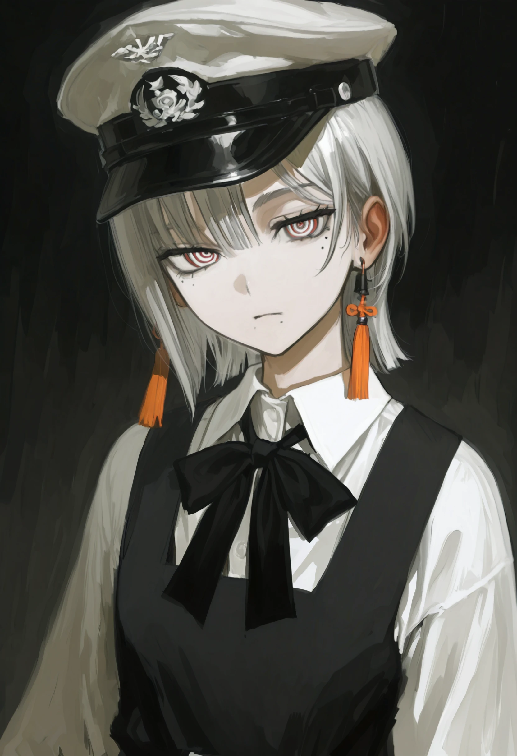 <lora:SXdacnk=-illustriousXL_v01_V1-CAME-000035>, fourth east high school uniform, mole under mouth, 1girl, school uniform, ringed eyes, sleeveless dress, military hat, mole, looking at viewer, tassel earrings, pinafore dress, multiple moles, tassel, hat, sleeveless, dress, solo, neck ribbon, short hair, ribbon, dark background, black ribbon, mole under eye, shirt, white shirt, collared shirt, expressionless, grey hair, painterly, dark