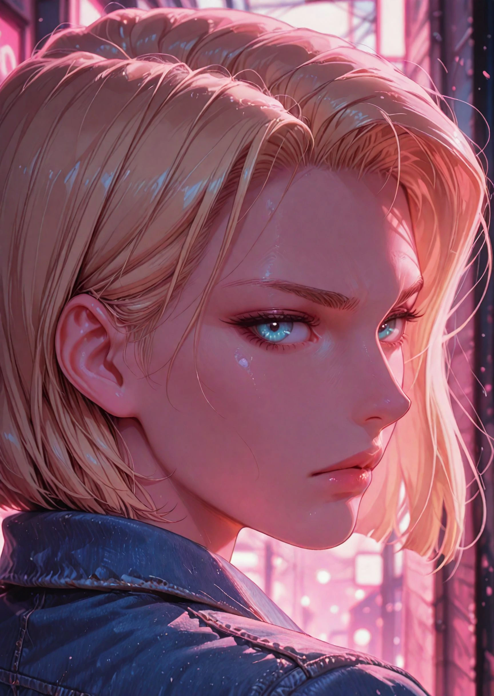 masterpiece, best quality, amazing quality, very aesthetic, masterpiece, best quality, amazing quality, very aesthetic, detailed eyes, perfect eyes, realistic eyes, BREAK, android 18, from behind, look at view, nightime, alleyway, neons lights, denim jacket, serious face, neon pink theme, face focus, close up
<lora:RSTHTC_Style__Illustrious:.8>  <lora:cfg_scale_boost:.5>