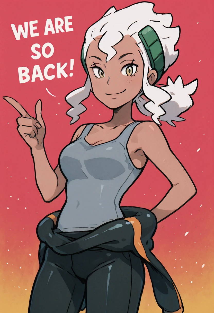 masterpiece, best quality, 1girl, solo, looking at viewer, smile, large breasts, zzBurnet, yellow eyes, long hair, white hair, sidelocks, dark skin, grey tank top, sleeveless shirt, bodysuit, clothes around waist, wetsuit, <lora:BurnetPokemon_IXL_v4:1.0>, , smile, looking at viewer, We4reSoB4ck, text, gradient background, ,<lora:We4reSoB4ck_IXL_v1:1.0>,