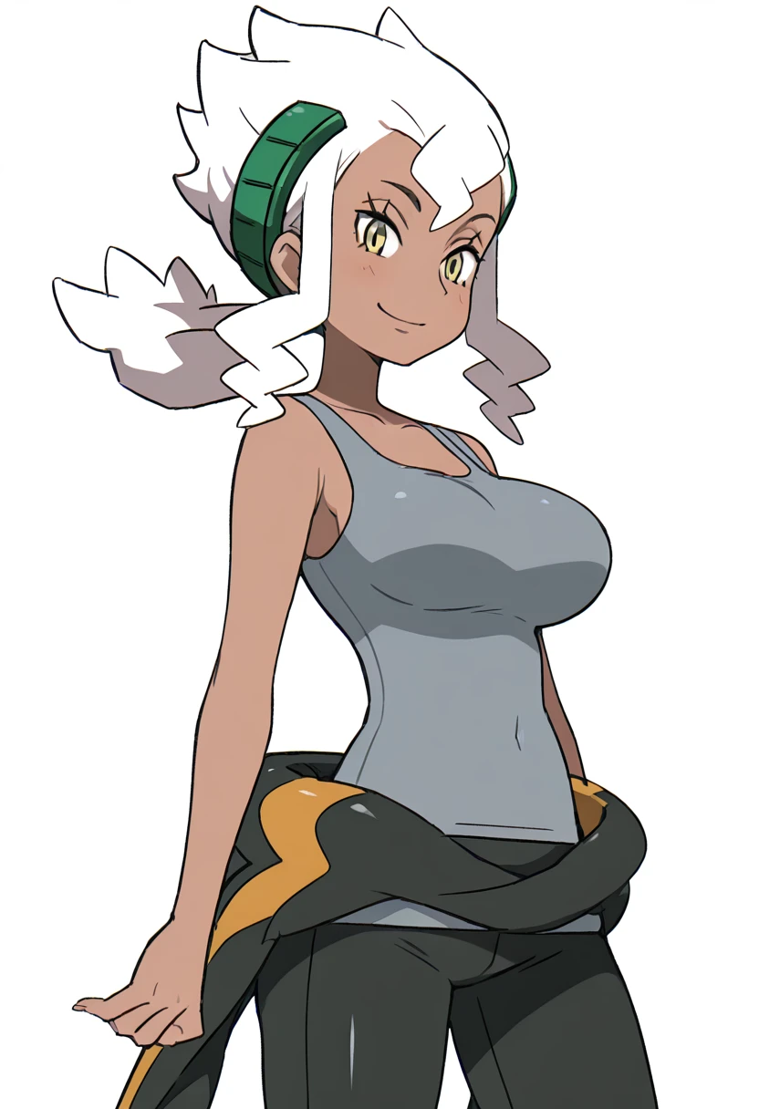 masterpiece, best quality, 1girl, solo, looking at viewer, smile, large breasts, zzBurnet, yellow eyes, long hair, white hair, sidelocks, dark skin, grey tank top, sleeveless shirt, bodysuit, clothes around waist, wetsuit, <lora:BurnetPokemon_IXL_v4:1.0>, , smile, looking at viewer, cowboy shot, <lora:HaradaTakehitoIXL_v3:0.8>, <lora:ZankuroIXLLight_v2:0.3>,