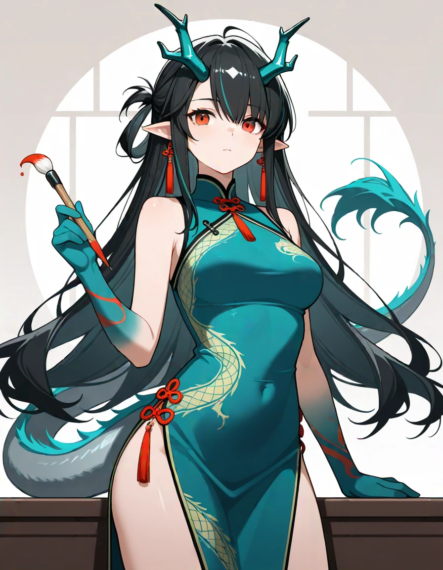 <lora:negXL:0.5>
masterpiece, best quality, absurdres, highres,
1girl, arknights, black_hair, china_dress, chinese_clothes, colored_extremities, colored_skin, dragon_bubble_(arknights), dragon_girl, dragon_horns, dragon_tail, dress, dusk_(arknights), dusk_(everything_is_a_miracle)_(arknights), earrings, eastern_dragon_tail, gradient_skin, green_dress, green_hands, green_horns, green_skin, hair_between_eyes, highres, holding, holding_paintbrush, horns, jewelry, jintian_xiang_yao_chi_dun_hao_de, long_hair, looking_at_viewer, paintbrush, pointy_ears, red_eyes, sleeveless, sleeveless_dress, solo, tail, tassel, tassel_earrings, general
,very aesthetic, masterpiece, best quality, very aesthetic, highres, absurdres,