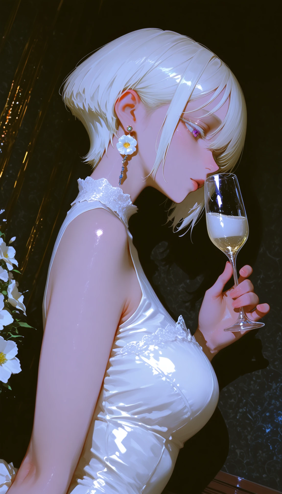 masterpiece, best quality, amazing quality, very aesthetic, absurdres, highres, newest, 2024, HDR, 8K, high detailed, detailed background, high contrast, realistic background, hyper realistic, masterful shading, low kye, dak depth, chiaroscuro, impasto, shadow,
1girl, very short hair, hair color tints divided into white and black, colored eyelashes, earring, ornament, sleeveless tight dress, close-up on upper body, holding champagne glass, drinking glass, digital painting, artful flower background, bluish-white flash merging into, gorgeous and luxury background, indoors, side view, diagonal angle, dutch angle, night view, fashionable girl in a white and black modern casual-style outfit,
