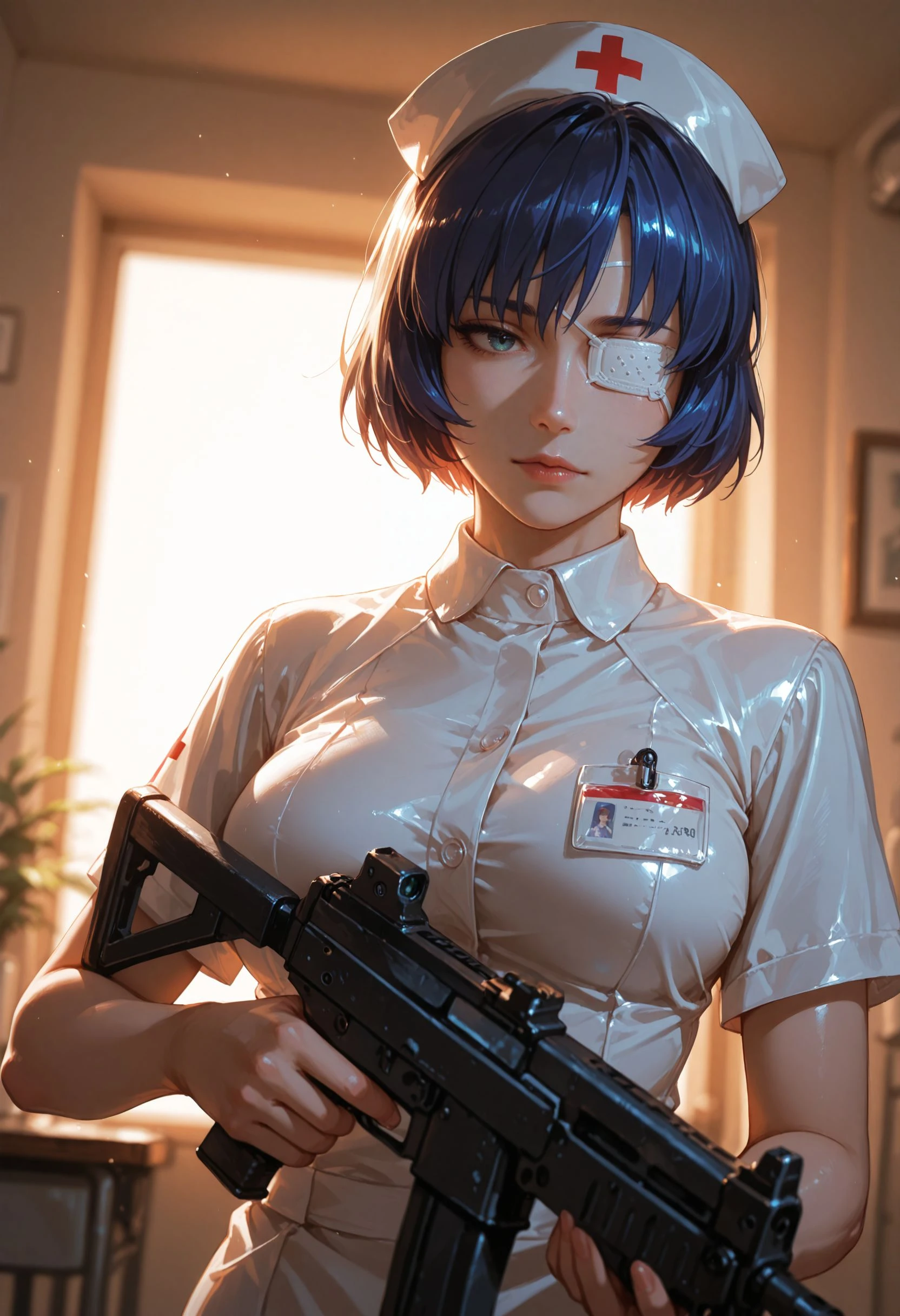 masterpiece, best quality, ultra-detailed, absurdres, 8K, highres, illustration, CG, amazing quality, intricate details, highly detailed, hyper-detailed, sharp focus, depth of field, realistic shading, beautiful lighting, cinematic lighting, HDR, volumetric lighting, raytracing, ambient occlusion, subsurface scattering, vibrant colors, soft lighting, smooth shading, reflective surfaces, ultra-detailed eyes, clear skin, shiny hair, gradient background, detailed background, BREAK, fujimoto_tatsuki, fujimoto_tatsuki_(style), random place, woman, ryomou_shimei, eyepatch, nurse outfit, reloading, submachine gun, silencer, suppresor, low angle