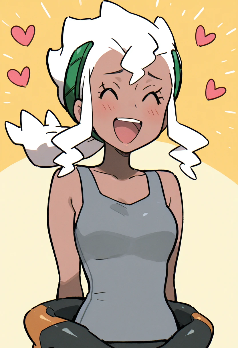 masterpiece, best quality, 1girl, solo, eyelashes, (beautiful eyes), zzBurnet, yellow eyes, long hair, white hair, sidelocks, dark skin, grey tank top, sleeveless shirt, bodysuit, clothes around waist, wetsuit, heart, ^o^, happy, <lora:BurnetPokemon_IXL_v4:1.0>,