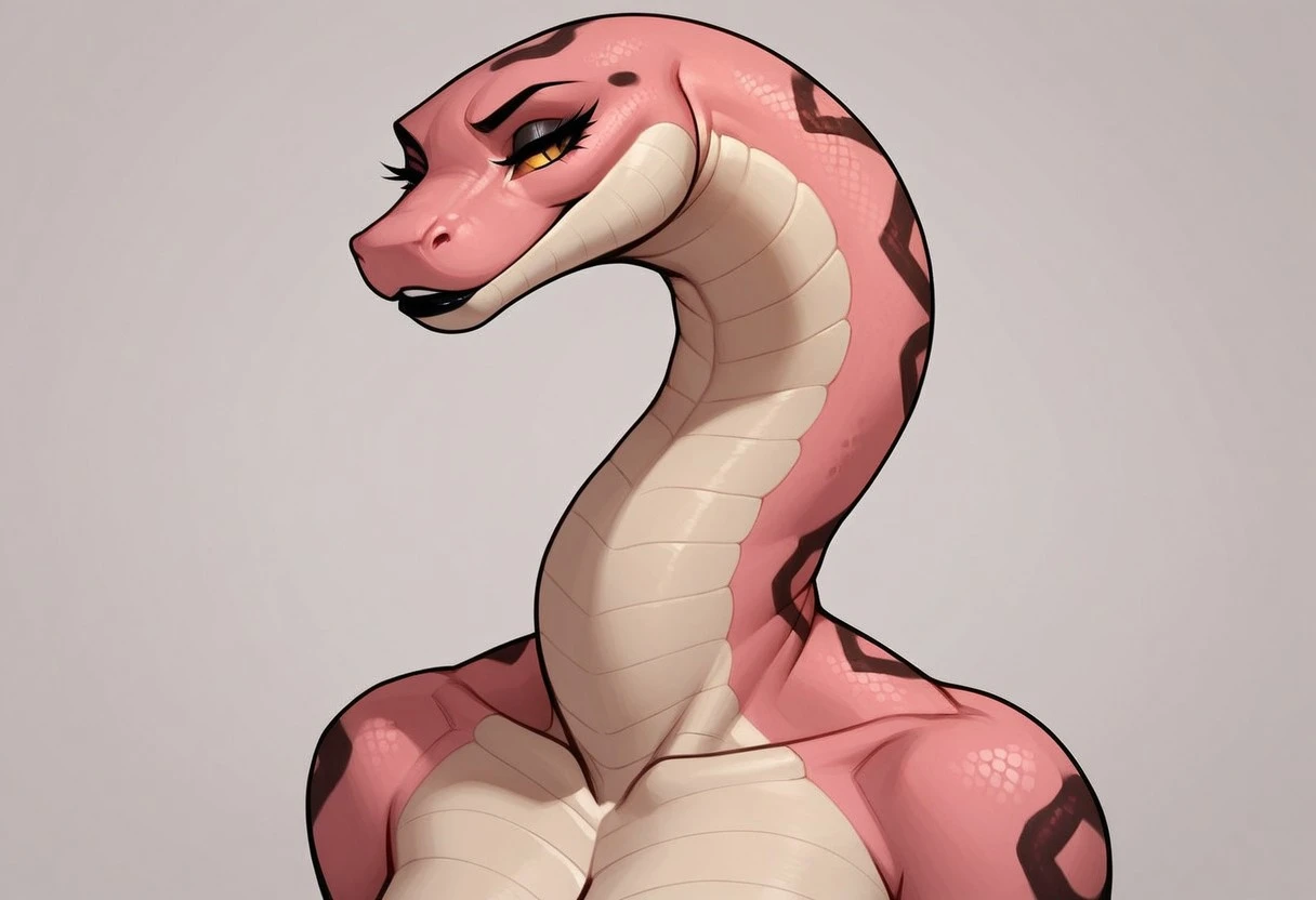 Boobsnake, Feral, snake,  solo, 1 girl, anthro, lamia, cobra, pink scales, <lora:more_details:1> <lora:aka6-guy-PONYv1:1>  <lora:offset_0.2:1> <lora:Boob_Snake:1>