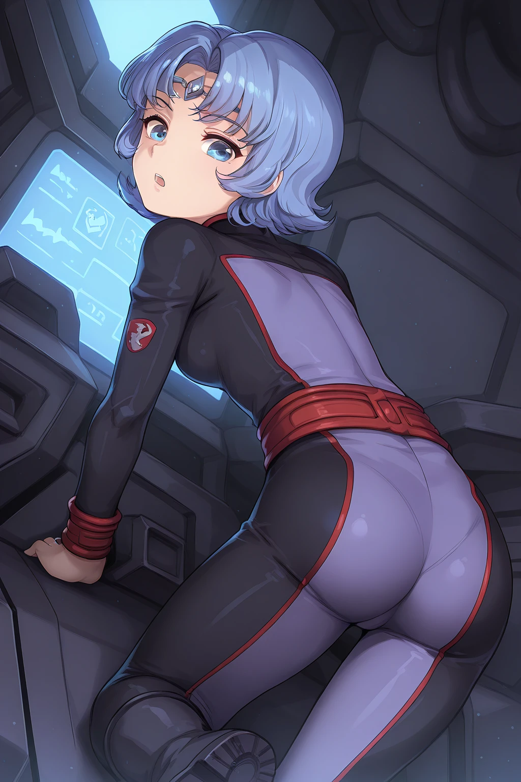 Rei Ayanami in her tight EVA pilot suit showing her huge ass to the viewer.