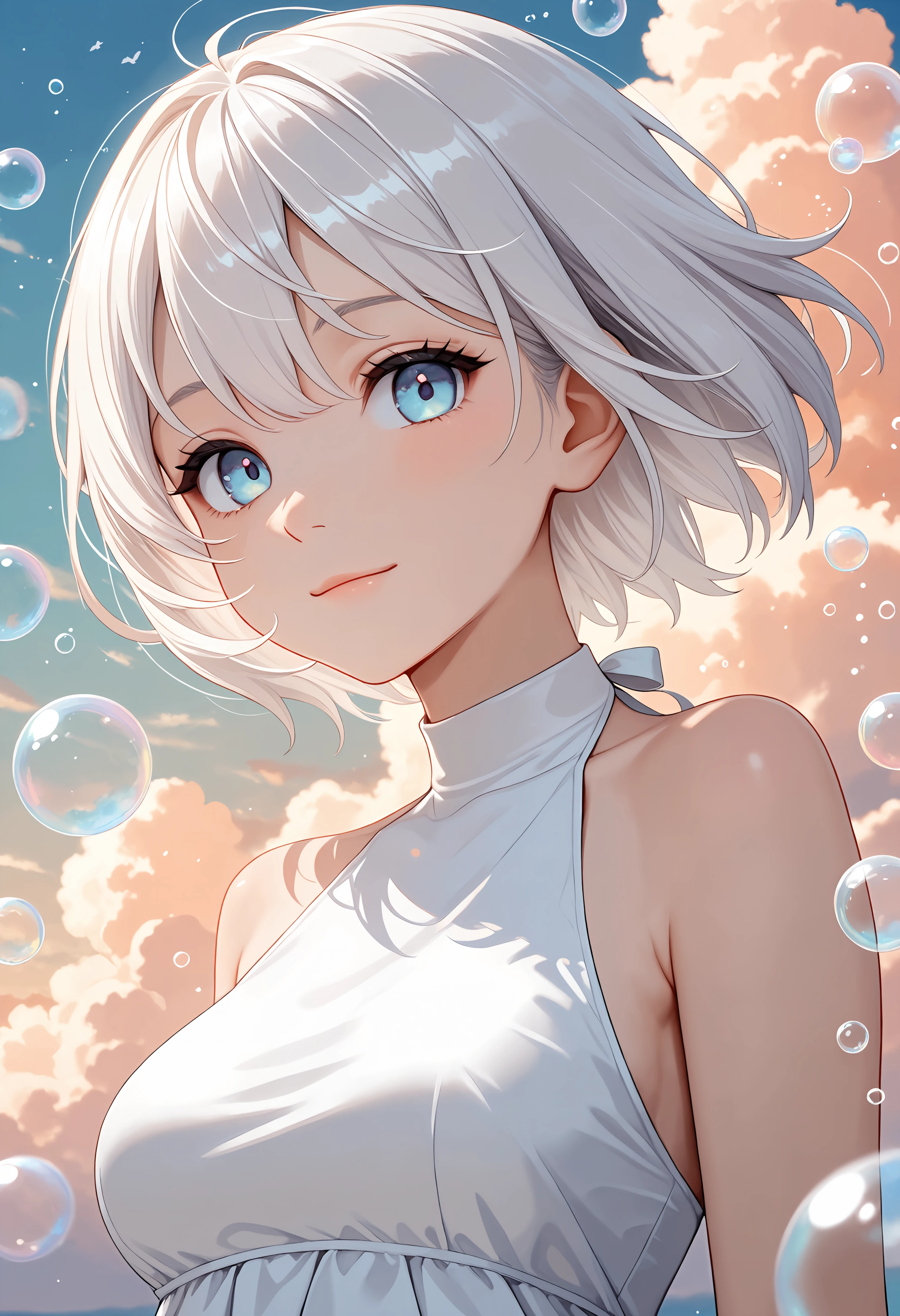 masterpiece, best quality, amazing quality, 1girl, medium breasts, upper body, light blue eyes, short hair, white hair, light smile, white dress, sleeveless dress, halterneck, floating, bubbles, looking at viewer, sky, light orange clouds