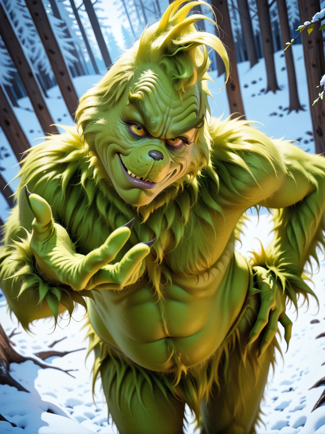 (detailed character description: 1.1) , (best quality, highres: 1.2), (realistic, photorealistic: 1.37), The Grinch is a green haired boogeyman who wears an elastic smile to the ears, as big as the potted cat (Shrek 4: It Was An End) (scary atmosphere), (sinister expression), (sharp teeth), (green fur), (wrinkled face), (large piercing eyes), (thin and curved eyebrows), (pointed nose, crooked), (contorted mouth), (long and thin fingers), (austere physique), (ragged and dark-colored clothing), (hairy and ventral belly), (icy and icy breath), (snowy landscape)