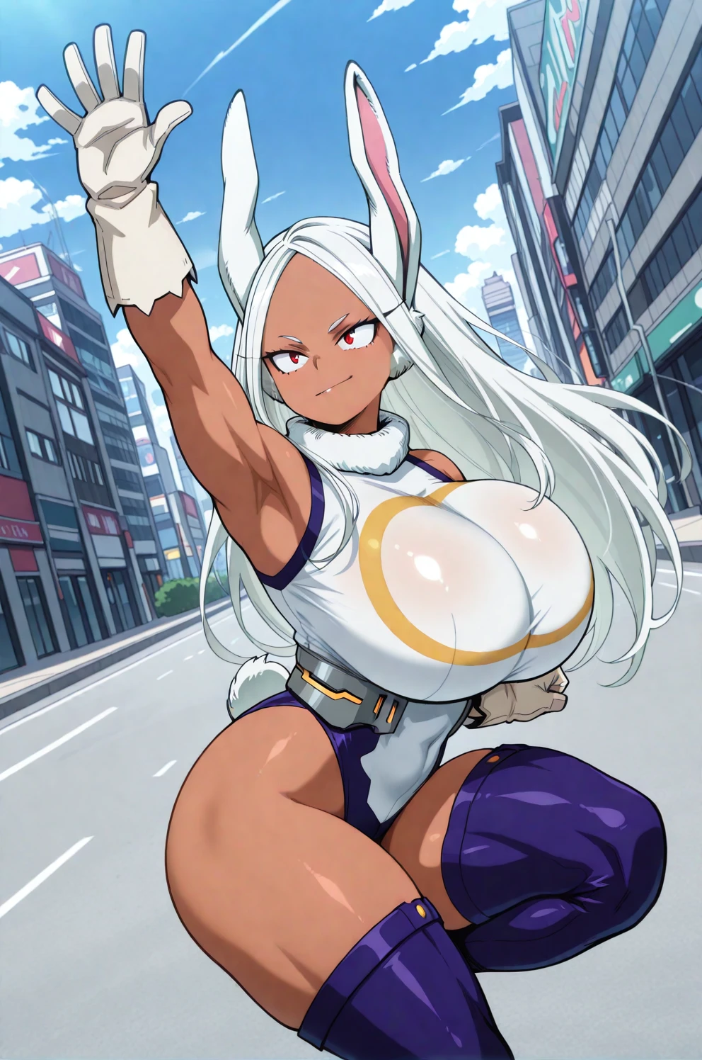 score_9, score_8_up, score_7_up, source_anime, my hero academia, Rumi usagiyami, , 1girl,, gigantic breasts, large nipples, erect nipples,looking at viewer,, gigantic sagging breasts, white slingshot bikini, string bikini, outside, city, in public, , hero pose