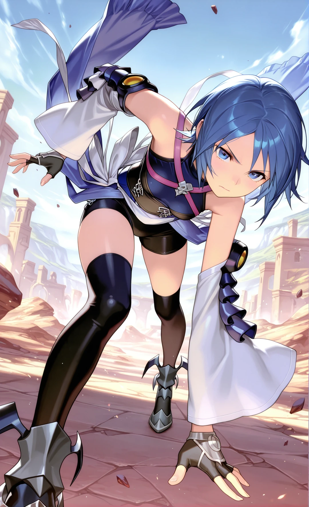 rating_safe, score_9, score_8_up,score_7_up, flat colors, flat shadows, anime screencap, 1 girl, Ren: gloves, thighhighs, underwear, panties, cameltoe, belt, elbow gloves, white panties, outdoor, in palace, from below, looking on viewer, waving at viewer