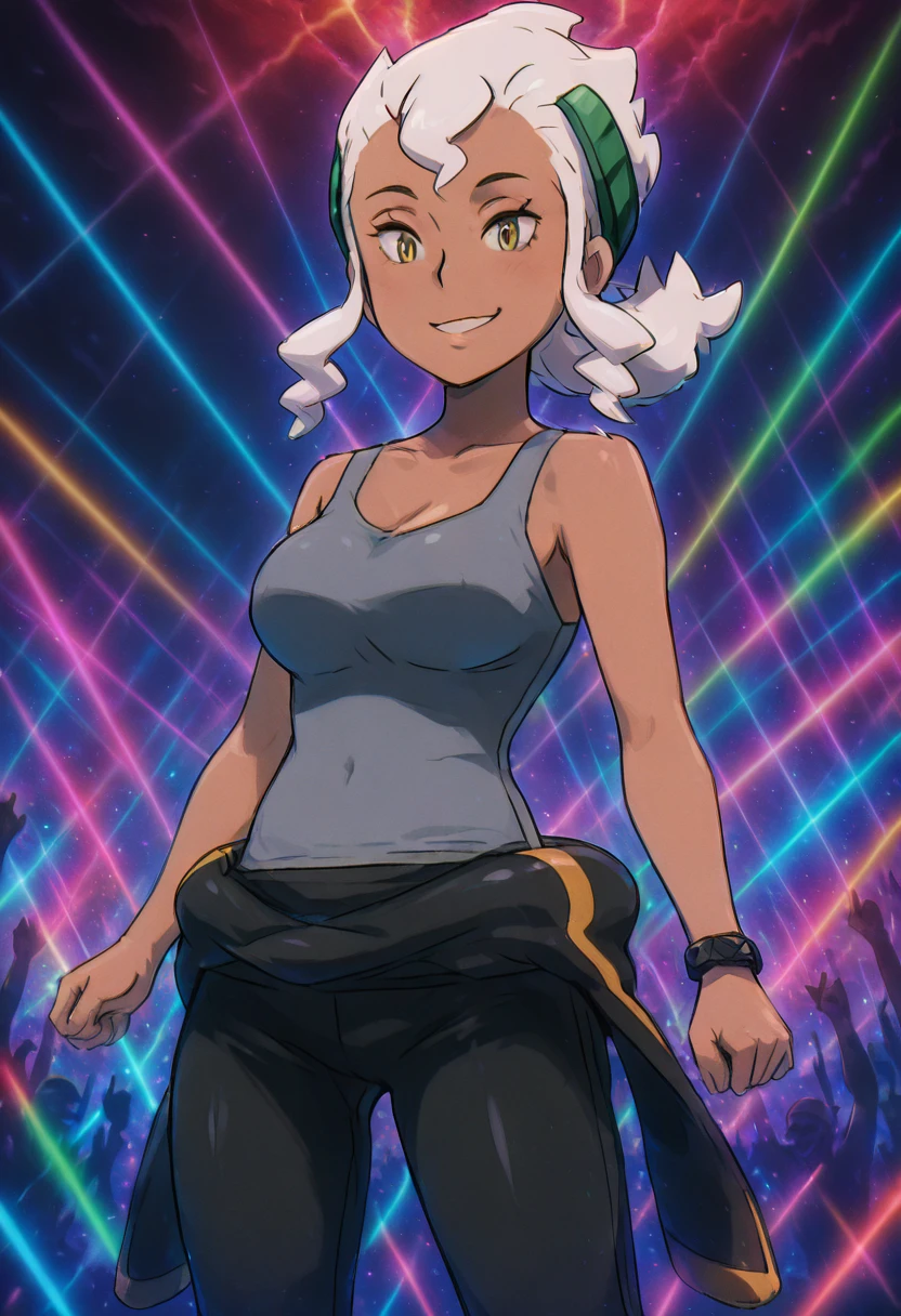 masterpiece, best quality, 1girl, solo, looking at viewer, smile, large breasts, zzBurnet, yellow eyes, long hair, white hair, sidelocks, dark skin, grey tank top, sleeveless shirt, bodysuit, clothes around waist, wetsuit, <lora:BurnetPokemon_IXL_v4:1.0>, , smile, looking at viewer, L0rd0fTh3R4v3s, solo, <lora:SauronsRaveTower_IXL_v1:1.0>,