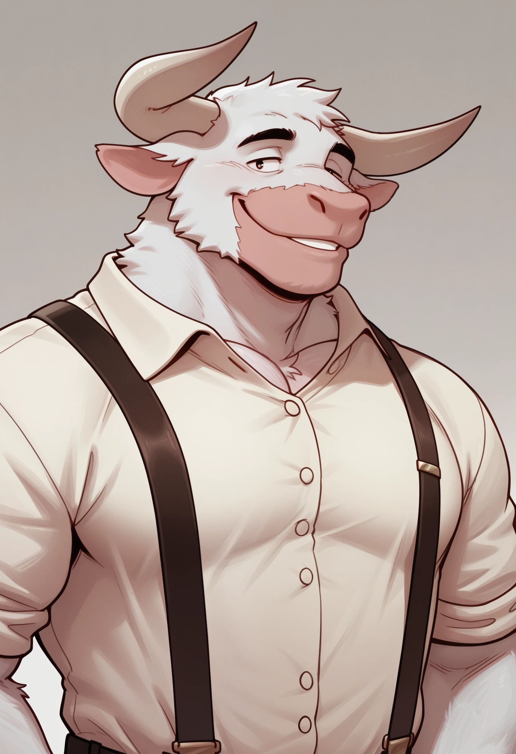 masterpiece, best quality, amazing quality, 1boy, solo, AsterionMH, Shirt, Suspenders, upper body, smile