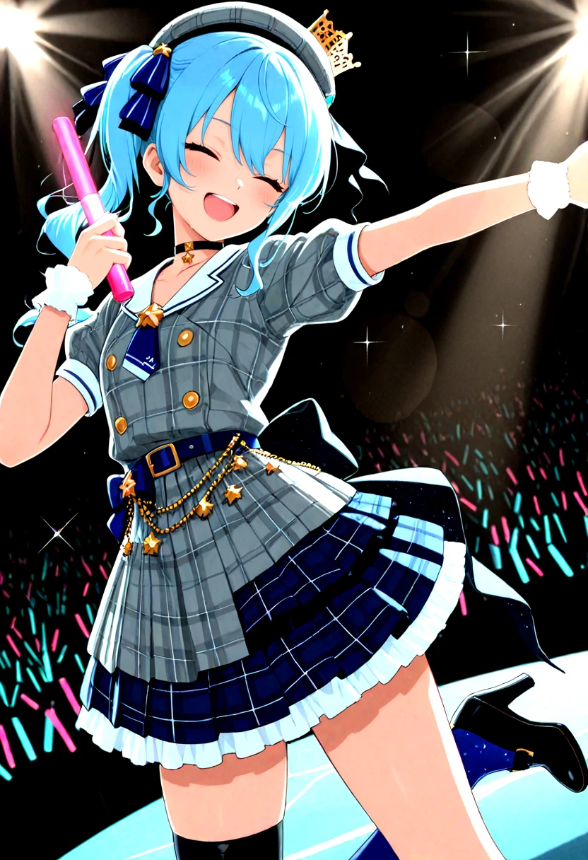 highres,qualityrate1,flat color,masterpiece,soft lighting,<lora:hoshimachi suisei hololive:0.8>,hoshimachi suisei,best quality,amazing quality,very aesthetic,newest,anime coloring,absurdres,1girl,asymmetrical legwear,beret,blue hair,choker,closed eyes,crown,frilled skirt,frills,glowstick,grey hat,hat,high heels,idol,lens flare,medium hair,mismatched legwear,plaid clothes,plaid hat,ribbon,side ponytail,skirt,solo focus,star \(symbol\),virtual youtuber,