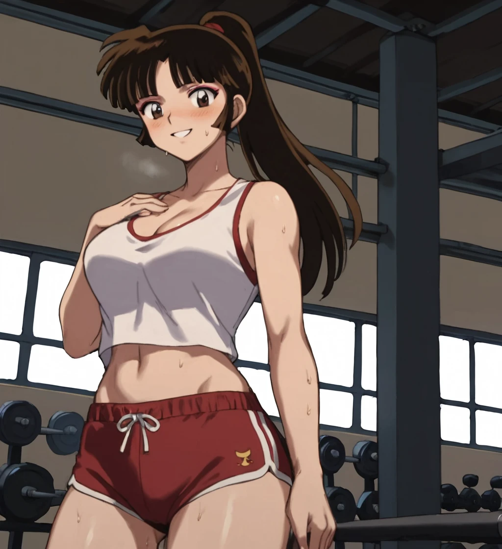 woman in a gym, well-defined body, gorgeous, pose, well datailed body, fitness girl, standing tall, erect pose, model fitness, skinny, red tennis, ultra detailed, better quality, relaxed arms, hands down, ankle