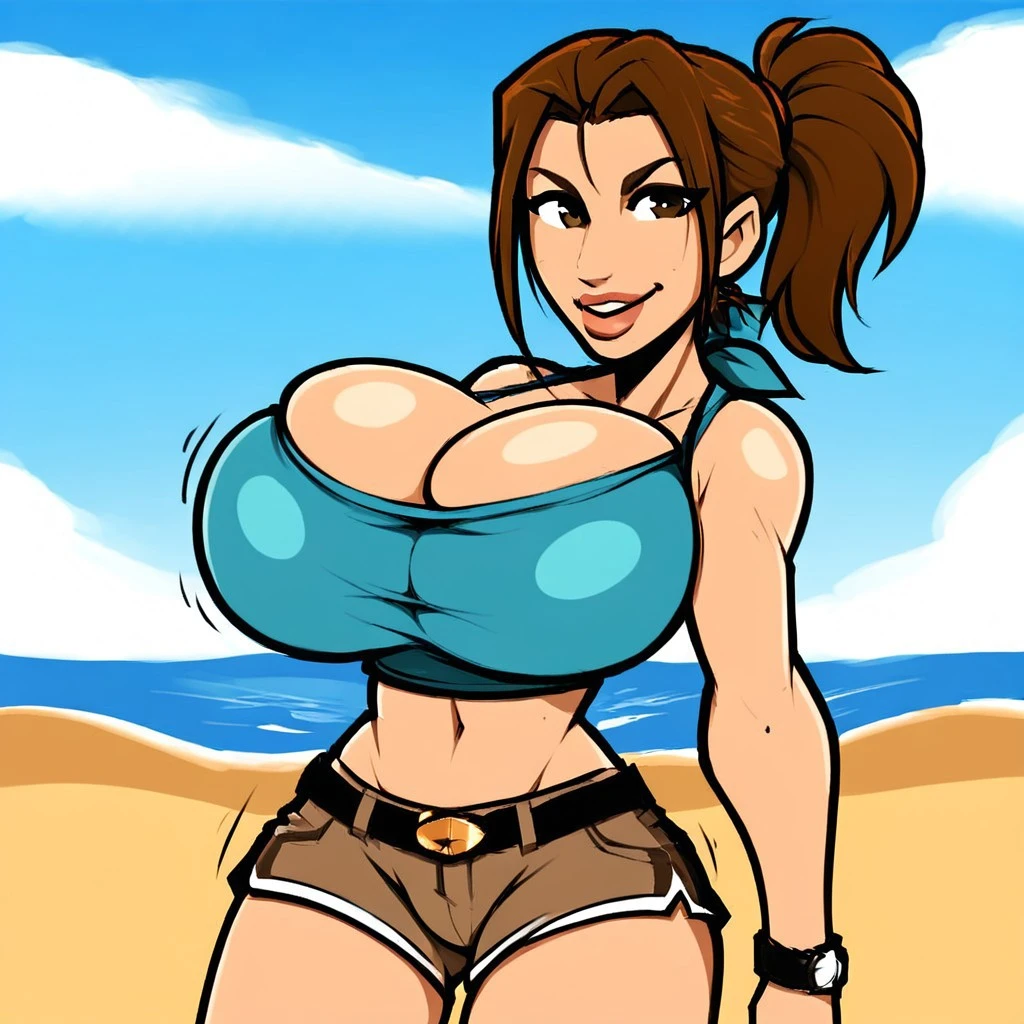 Best quality, solo woman, giant breastt ass, very cur low ponytail curled at the ends, aqua green eyes, full lips, seductive, smiling, pink frilly slevee top, tiara, tight leggings, sun necklace, sun earring, thick thighs, curvy physique