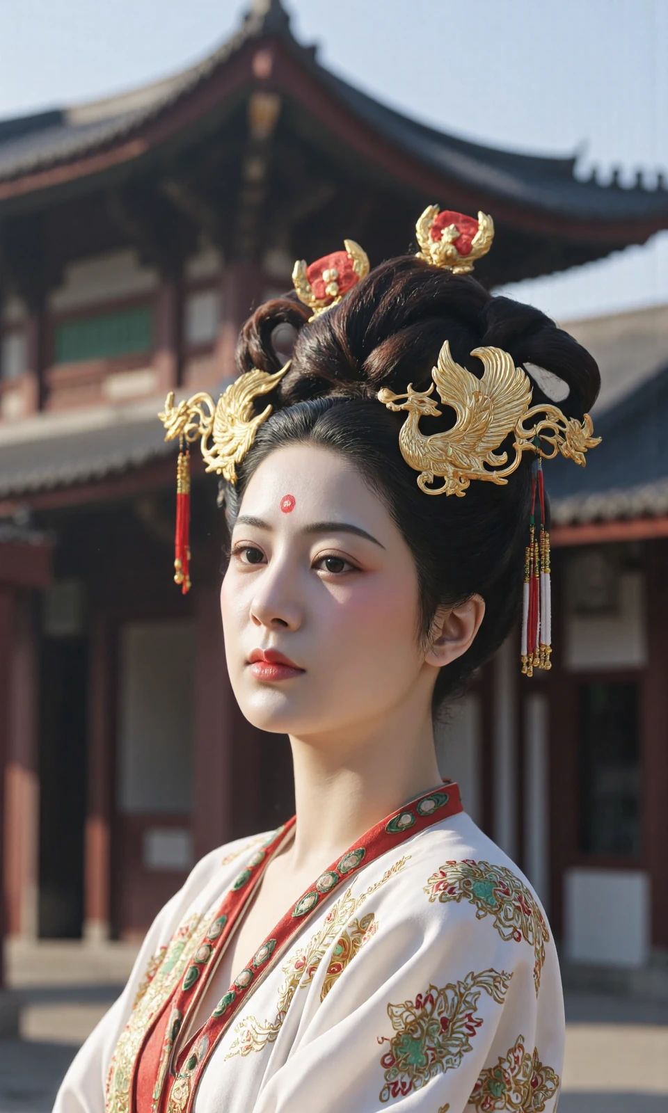 Top Atmosphere Photography Works, extremely realistic, Art by Zhang Jing,
LYZ, PRINCESS, The image is a high-resolution photograph of a young East Asian woman, dressed in traditional Hanfu attire. She stands outdoors in front of a historical building with a traditional architectural style, characterized by a combination of wooden and tiled structures with ornate decorations. The woman's skin is fair, and her makeup is meticulously applied, featuring a red dot on her forehead, a traditional symbol of good luck in Chinese culture. Her eyes are accentuated with subtle, elegant makeup, and her lips are painted a soft pink.
She wears an elaborate headdress adorned with intricate gold and red decorations, including a large, ornate hairpin with a phoenix design, which is a symbol of grace and nobility. Her hair is styled in a traditional updo, adorned with delicate hair accessories that match the headdress.
(photorealistic:1.5), (Extremely realistic, masterpiece, top quality, official art, best quality, beautiful and aesthetic:1.2), 4k, 8k, very rich details, 24bit colors, vivid colors, cinematic color grading, landscape,