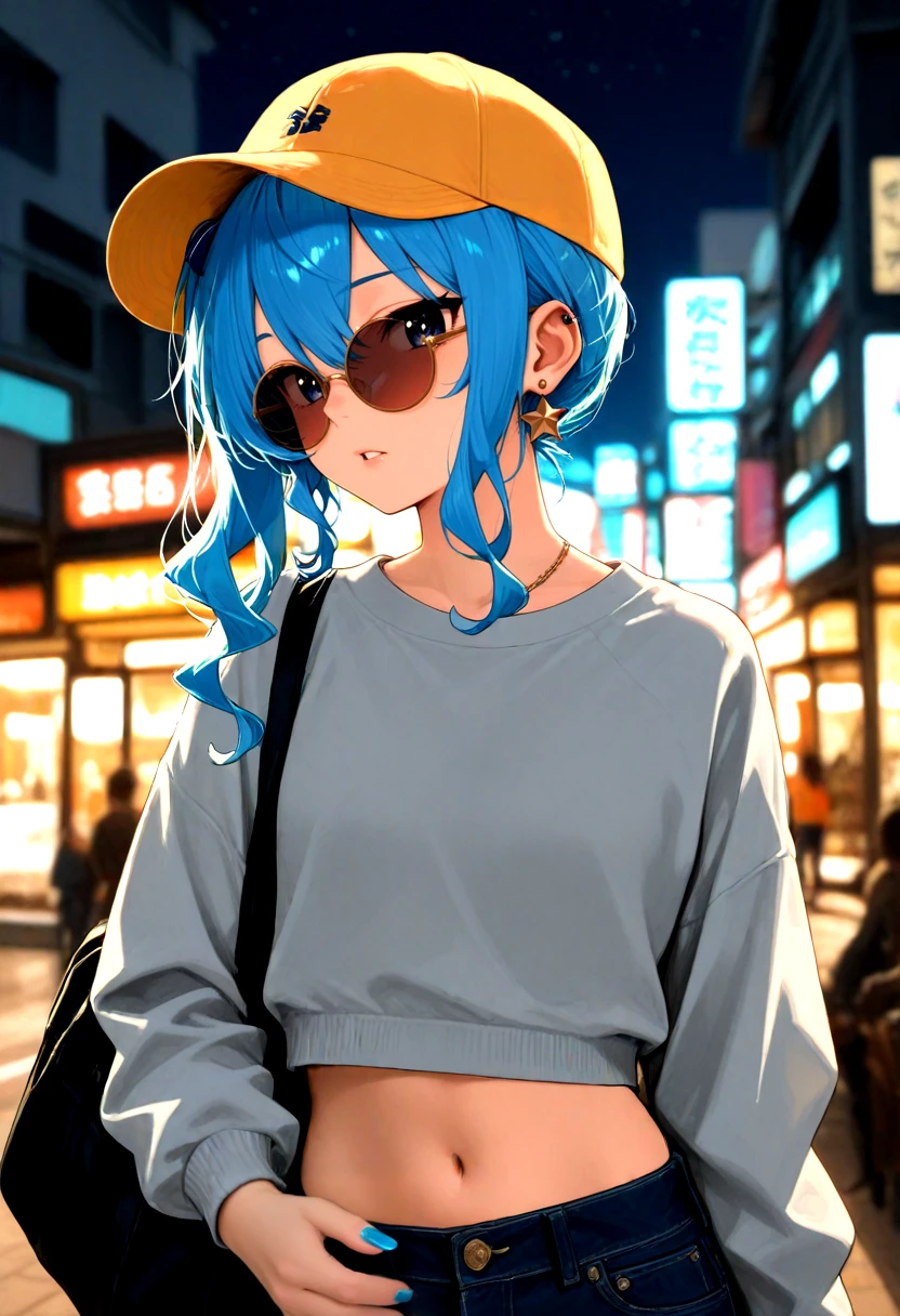 highres,qualityrate1,flat color,masterpiece,soft lighting,<lora:hoshimachi suisei hololive:0.8>,hoshimachi suisei,best quality,amazing quality,very aesthetic,newest,anime coloring,absurdres,1girl,bag,baseball cap,blue eyes,blue hair,blurry background,casual,crop top,earrings,glasses,hat,jewelry,long hair,long sleeves,looking at viewer,midriff,nail polish,navel,outdoors,pants,parted lips,round eyewear,shoulder bag,side ponytail,solo,star \(symbol\),star in eye,symbol in eye,virtual youtuber,