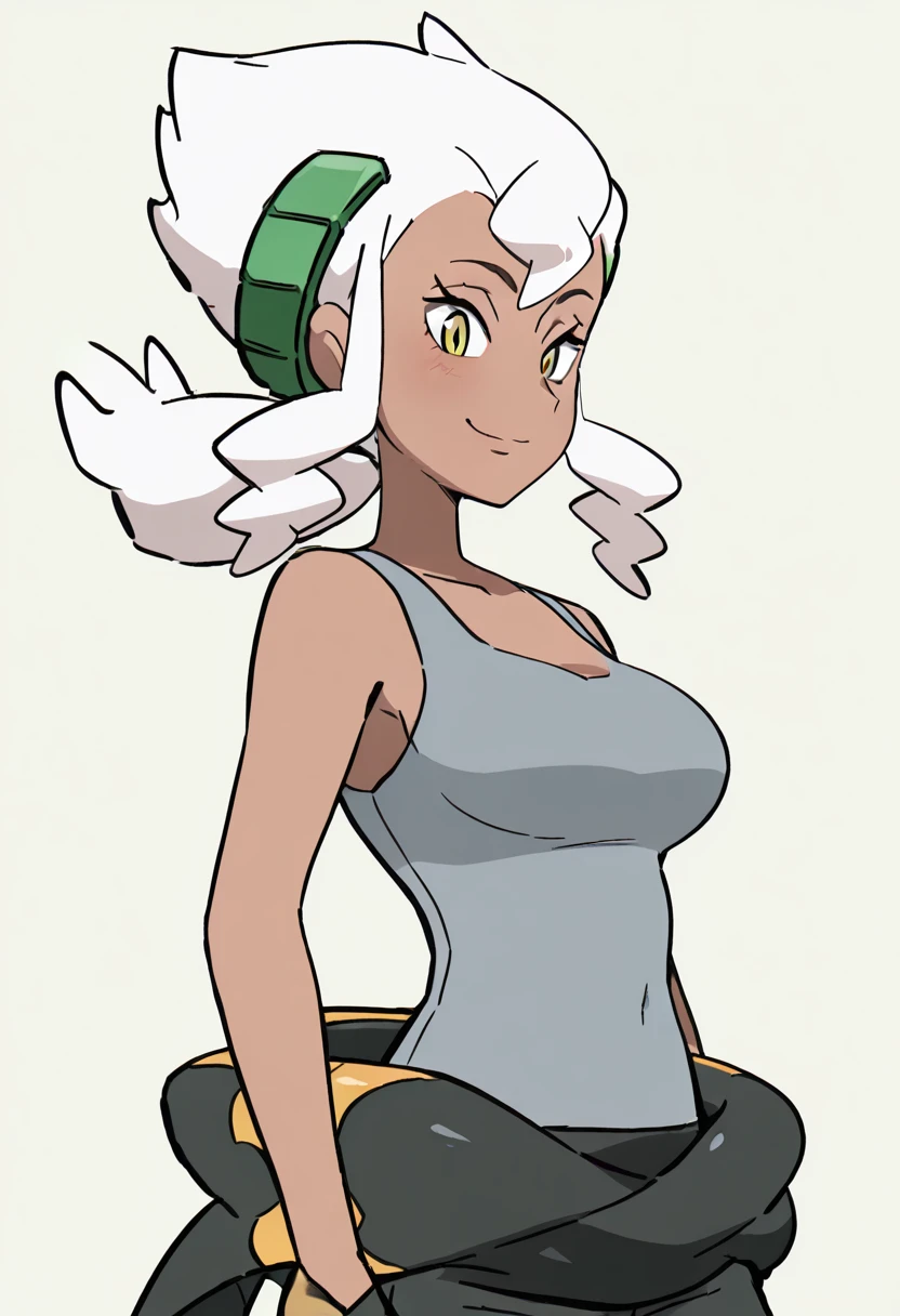 masterpiece, best quality, 1girl, solo, looking at viewer, smile, large breasts, zzBurnet, yellow eyes, long hair, white hair, sidelocks, dark skin, grey tank top, sleeveless shirt, bodysuit, clothes around waist, wetsuit, <lora:BurnetPokemon_IXL_v4:1.0>, , smile, looking at viewer, side view, upper body, <lora:DiivesIXL:1.0>,