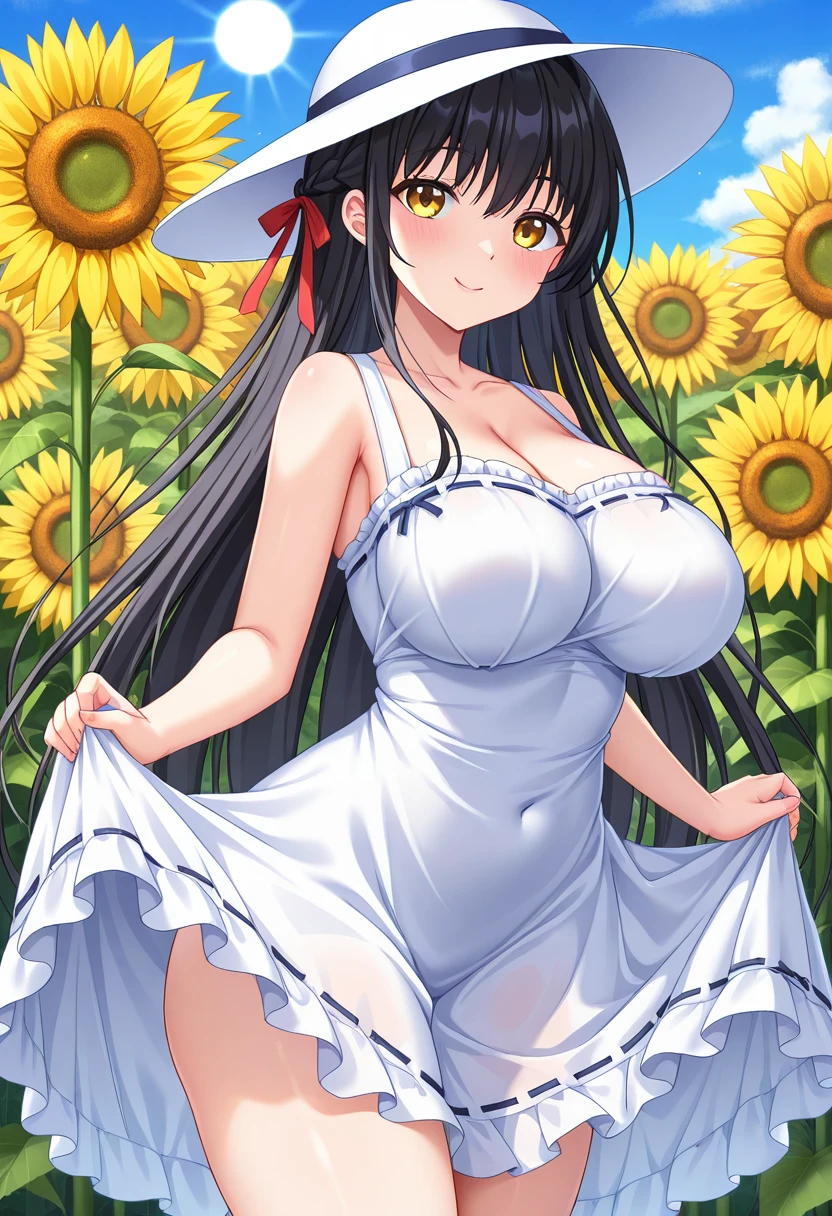 an anime style painting of a woman with very large breasts holding baskets, 1girl, breasts, solo, flower, black hair, underwear, blue eyes, outdoors, hair ornament, long hair, bra, looking at viewer, huge breasts, gigantic breasts, bangs, cleavage, jewelry, shiny, earrings