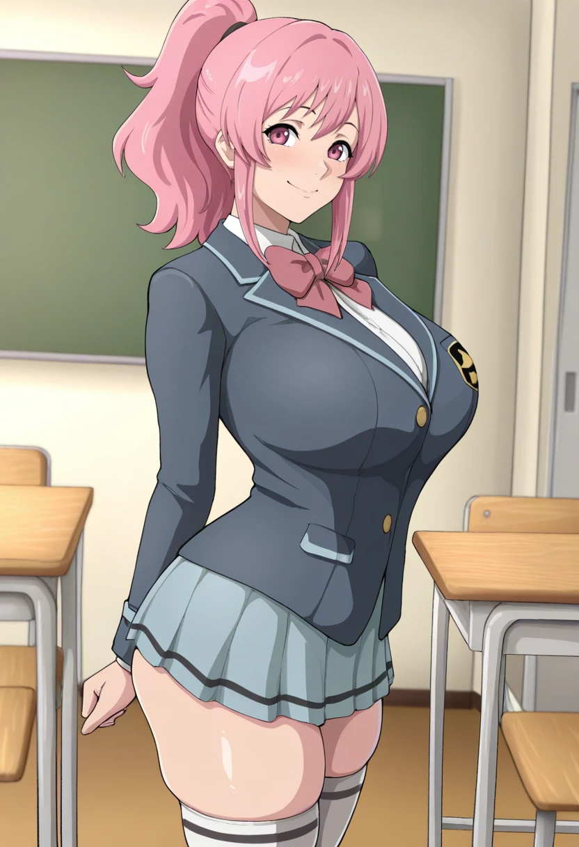 masterpiece, best quality, S4s4k1Nsfw, <lora:Iwao178:1> 1girl, solo,standing,looking at viewer, happy, closed mouth,pink hair, ponytail, pink eyes, large breasts, school uniform, bow, long sleeves, skirt, skindentation, thighhighs, indoors, classroom,