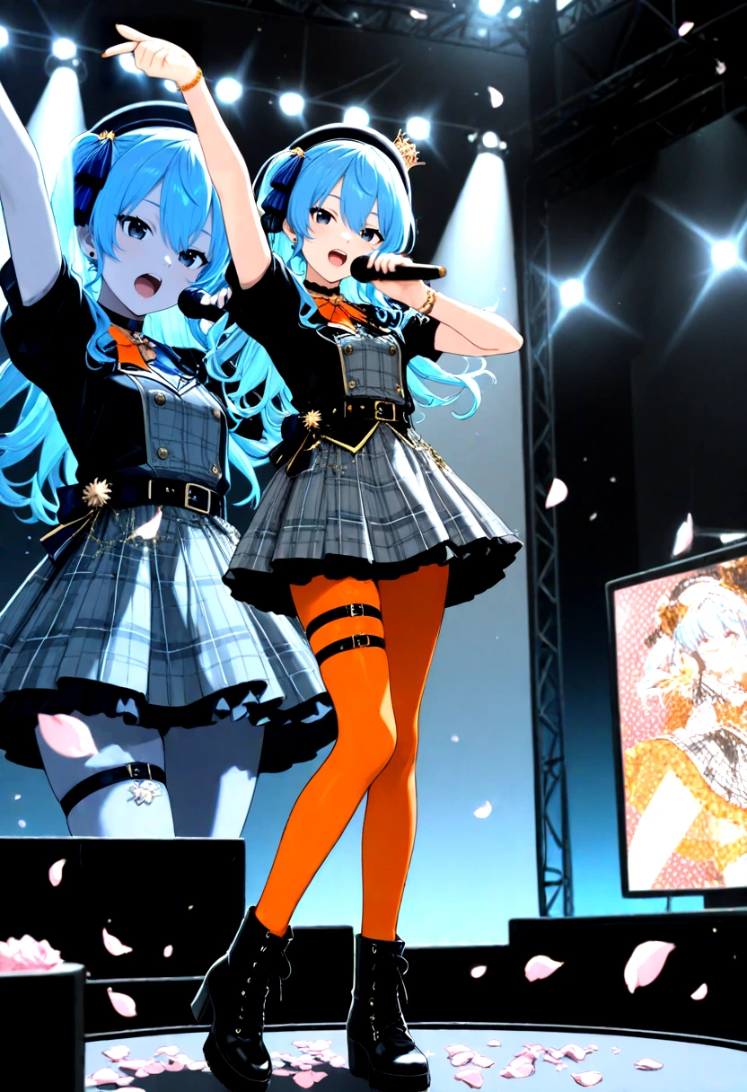 highres,qualityrate1,flat color,masterpiece,soft lighting,<lora:hoshimachi suisei hololive:0.8>,hoshimachi suisei,best quality,amazing quality,very aesthetic,newest,anime coloring,absurdres,1girl,arm up,beret,black boots,blue eyes,blue hair,boots,falling petals,full body,hat,holding,holding microphone,looking at viewer,microphone,music,official alternate costume,open mouth,orange pantyhose,pantyhose,petals,screen,singing,solo,stage,stage lights,standing,thigh strap,virtual youtuber,