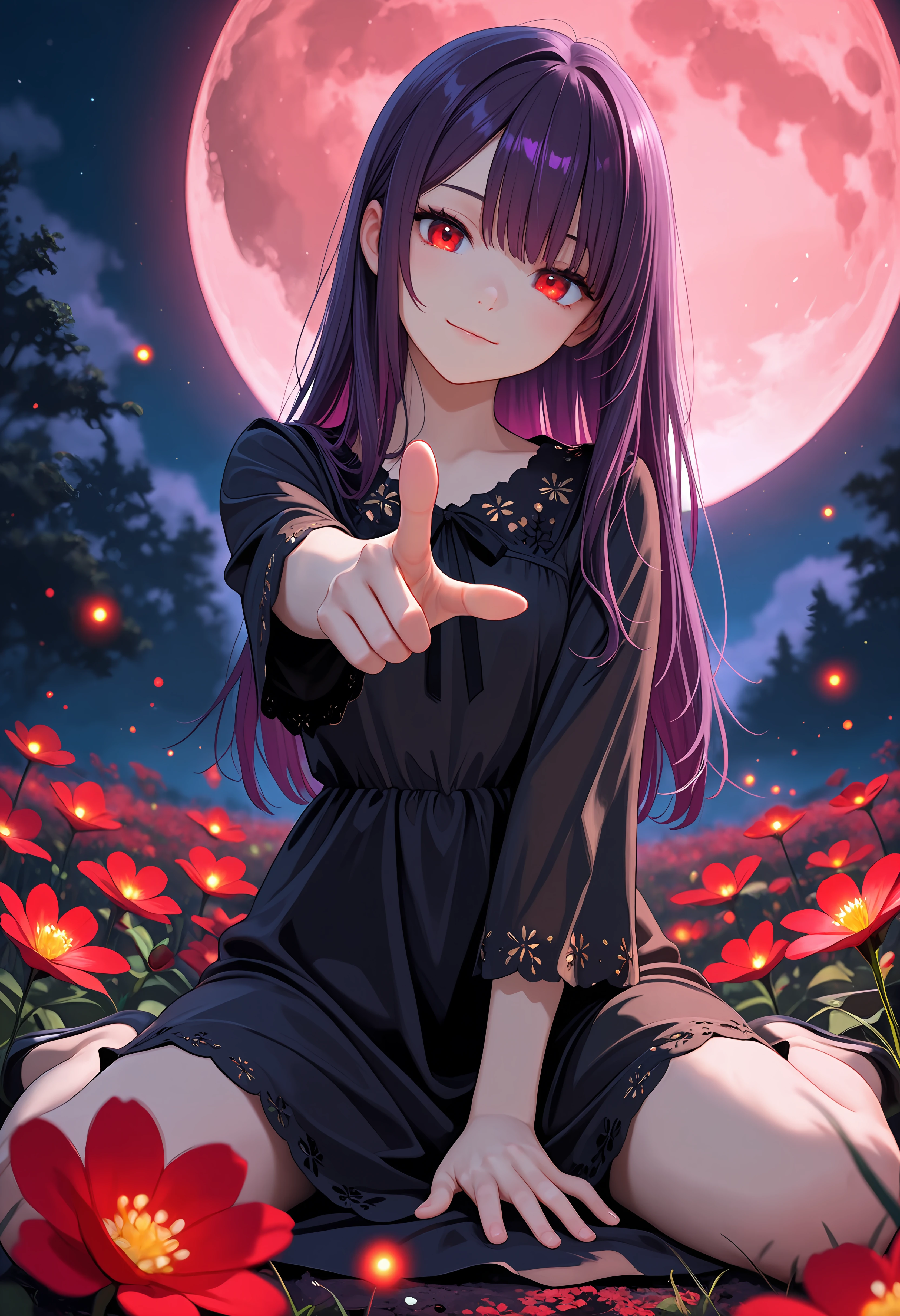 masterpiece, best quality, amazing quality, 1girl, purple hair, red eyes, light smile, black dress, wariza, looking at viewer, pointing at viewer, head tilt, outdoors, red flower, glowing flower, night, giant moon, red fireflies