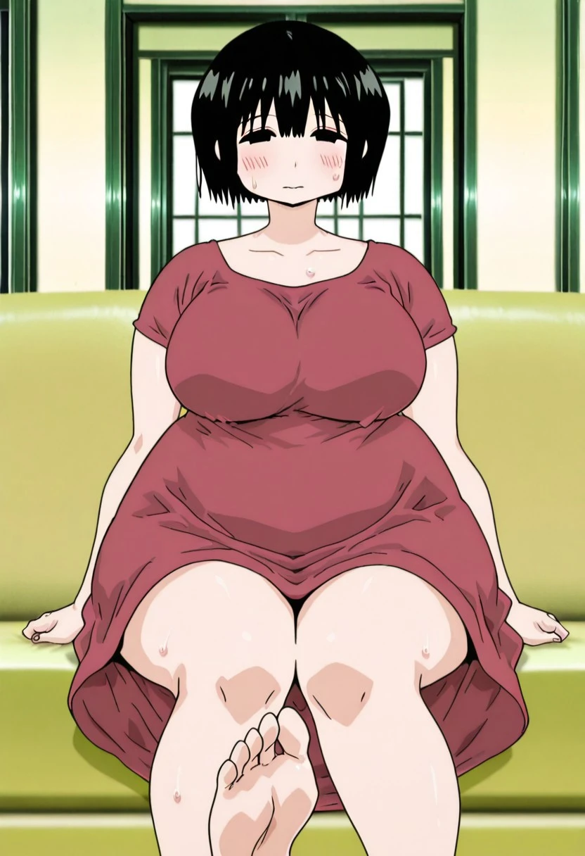 masterpiece,highres,high quality,extremely detailed,solo, PlumpOzawa,1girl, serafuku, 8k quality, nude body, wet body, sexy, clean body, white hair, naked, blue eyes, shiny black sexy lips, big breasts, shy, short hair, chibi body, plump body, plump legs, plump hands, fat neck, massive hips, bedroom, on bed, spread legs, ass, spread ass, anus, tan body