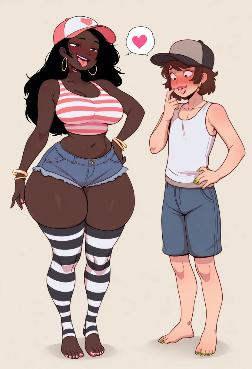 Masterpiece, best quality, Masterpiece, best quality, 1 woman, brown skin , long black hair , sly face , black bikini , big breasts , abdomen , Long legs , Put your hands on your hips., Barefoot , 1 man , ??? kiss
