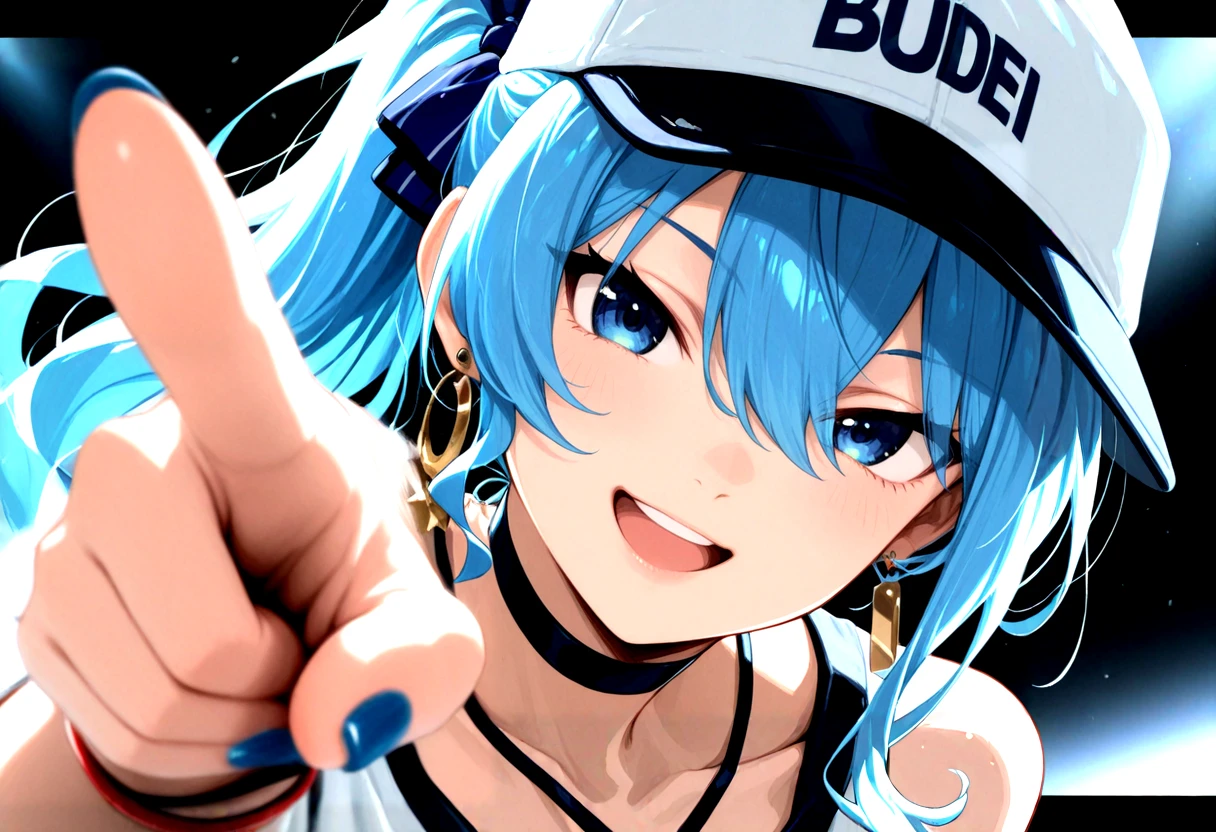 highres,qualityrate1,flat color,masterpiece,soft lighting,<lora:hoshimachi suisei hololive:0.8>,hoshimachi suisei,best quality,amazing quality,very aesthetic,newest,anime coloring,absurdres,1girl,baseball cap,black background,blue eyes,blue hair,blue nails,bracelet,chromatic aberration,close-up,earrings,fingernails,hair between eyes,hair over one eye,hat,hoop earrings,index finger raised,jewelry,letterboxed,long fingernails,long hair,multiple bracelets,nail polish,official alternate costume,parted lips,pointing,pointing at viewer,smile,solo,split depth,teeth,upper teeth only,virtual youtuber,white background,