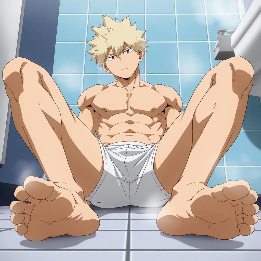 Yuji Itadori from Jujutsu Kaisen, wearing black swimsuit, stretching, slightly muscular, defined body, shirtless, abs, big legs