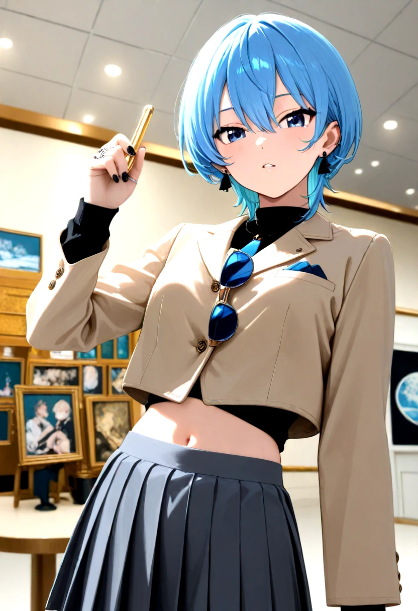 highres,qualityrate1,flat color,masterpiece,soft lighting,<lora:hoshimachi suisei hololive:0.8>,hoshimachi suisei,best quality,amazing quality,very aesthetic,newest,anime coloring,absurdres,1girl,alternate costume,black nails,black shirt,black skirt,blazer,blue eyes,blue hair,cropped jacket,earrings,eyewear hang,grey skirt,indoors,jacket,jewelry,looking at viewer,midriff,multiple rings,museum,navel,o-ring,painting \(object\),pleated skirt,ring,shirt,short hair,skirt,solo,stanchion,unworn eyewear,virtual youtuber,