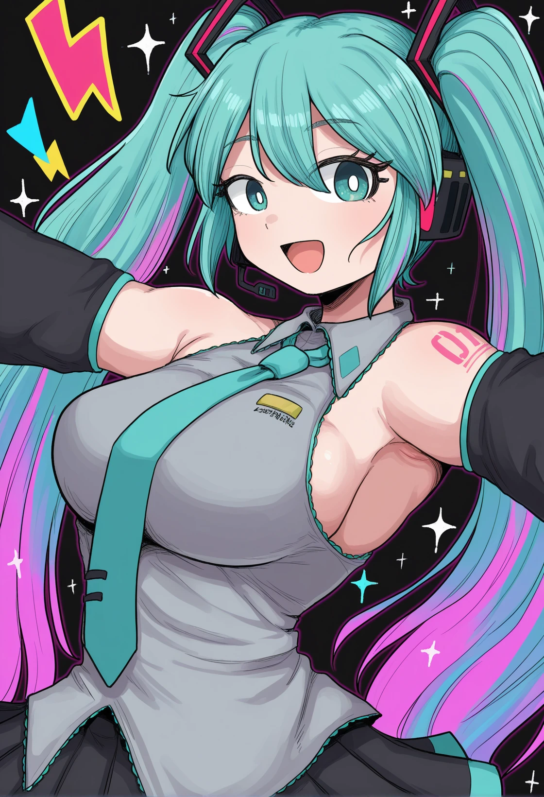 <lora:MCNsGeromazuunkoman01:1> MCNsc4kemq3,hatsune miku,  aqua eyes, aqua hair, aqua necktie, bare shoulders, black skirt, black sleeves, large breasts, bright pupils, collared shirt, eyelashes, grey shirt, hair between eyes, halftone, black background, lightning bolt symbol, long hair, looking at viewer, miniskirt, multicolored hair, narrow waist, necktie, neon palette, number tattoo, open mouth, pink hair, pleated skirt, shirt, shoulder tattoo, sidelocks, skirt, sleeveless, sleeveless shirt, smile, solo, sparkle, tattoo, twintails, two-tone hair, very long hair, white pupils, wide sleeves