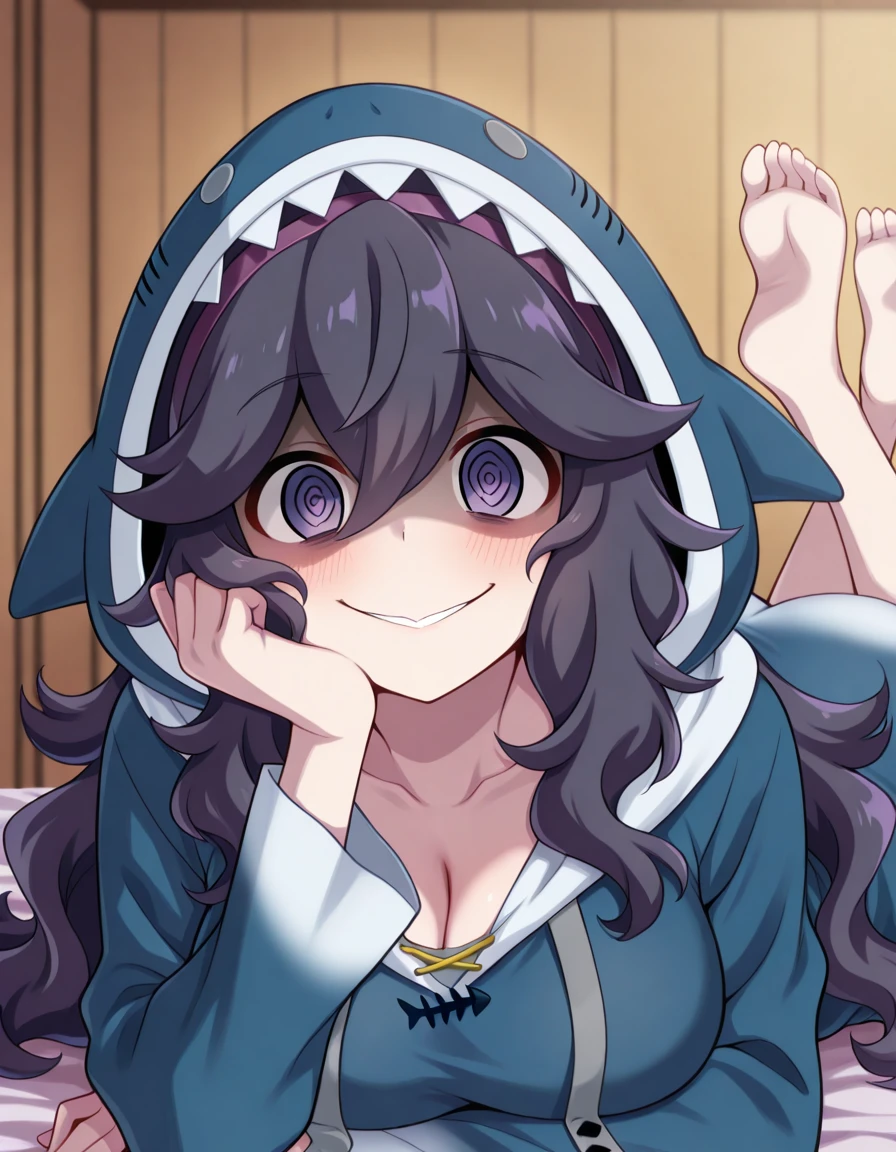 masterpiece, best quality, amazing quality,, <lora:hex-maniac-illustriousxl-lora-nochekaiser:1>, hex maniac, hairband, messy hair, purple eyes, purple hair, purple hairband, @ @, mature female, breasts, anime screencap,, <lora:gawr-gura-cosplay-illustriousxl-lora-nochekaiser:1>, gawr gura cosplay, gawr gura (cosplay), shark hood, shark costume, blue hoodie, shark tail, animal hood, fish tail,, <lora:the-pose-illustriousxl-lora-nochekaiser:1>, the pose, on stomach, feet up, lying, soles, feet, legs up, head rest, barefoot, cleavage, ass, looking at viewer, smile, blush,, lip_biting, , , ,