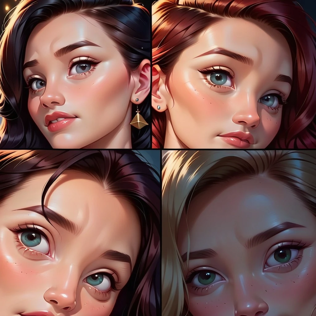 score_8_up, multiple girls, multi-eye-focus, square format, beautiful, 2d, volumetric lighting, masterpiece, multi-eye-focus, eye focus, multiple panels, square format,