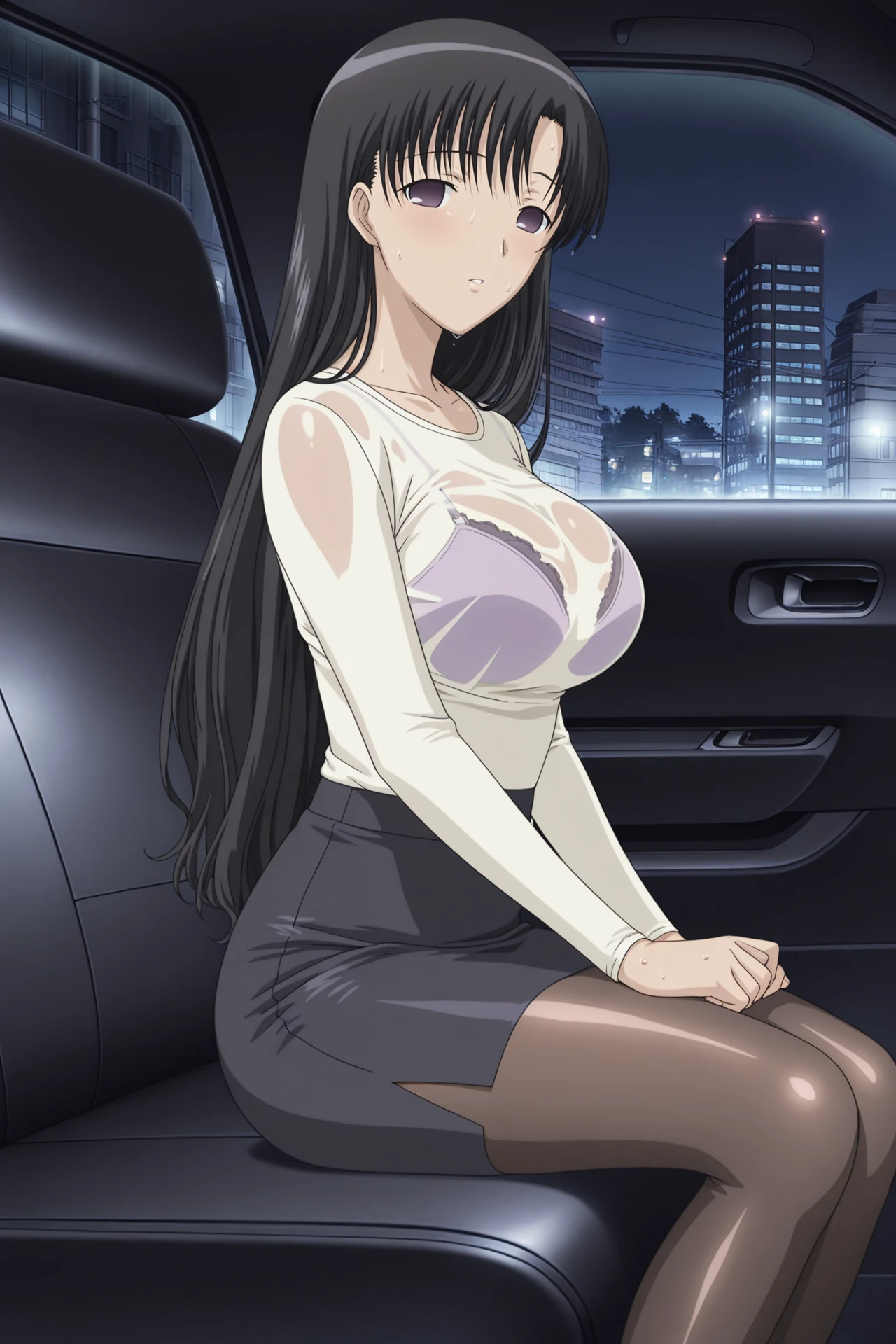 (best quality,masterpiece:1.2,ultra-high resolution,photorealistic:1.37),2D official style cel animation,recruit suit,mini skirt,pencil skirt,tight mini skirt,sitting on a train seat,lace bra,lace panties,nipples,breasts,black straight hair,slender,thin,highlighted eyes,openlegs,