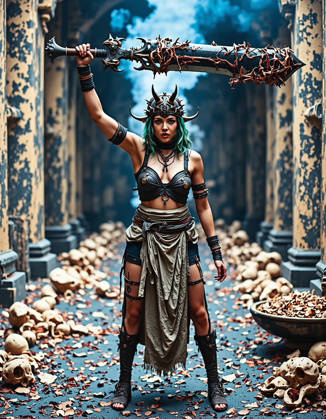 A woman stands within a vast, subterranean cathedral carved from obsidian. The air hangs thick with the metallic tang of blood and ozone—evidence of recent, violent rituals. Light filters down through fractured skylights above, casting an unsettling, chromatic distortion across the scene. She is adorned in layers of decaying ceremonial robes, stitched together from animal hides and tarnished silver chains. Her face is obscured by a tangled mass of crimson hair interwoven with shards of volcanic glass, resembling a grotesque crown.

Her breasts are small, barely perceptible beneath the restrictive fabric. Her eyes—a startling violet hue—burn with an unnerving serenity as she holds aloft a colossal obsidian blade, its surface shimmering with trapped souls. The blade pulses with a dark energy, and veins of molten rock crawl across its edge. A network of intricate tattoos covers her skin: stylized depictions of demonic entities writhing amidst thorny vines; each tattoo is rendered in a viscous, black ichor that seems to shift and writhe independently.

The floor beneath her feet is littered with the bones of countless sacrifices – human and animal—arranged in unsettling geometric patterns. Around her, colossal statues depicting forgotten gods are partially crumbled, their eyes sockets filled with flickering flames. A choir of distorted voices echoes through the cathedral, chanting a blasphemous hymn dedicated to oblivion.

Her hair is green and she raises the blade towards an altar where a bound figure writhes in agony—a sacrifice prepared for a ritual of unimaginable horror. The dynamic lighting shifts dramatically, emphasizing the grotesque beauty of the scene and amplifying the sense of impending doom. Focus on textural detail: the rough texture of the obsidian walls, the slick sheen of the blood, the jagged edges of the volcanic glass, the cold weight of the blade—every element designed to evoke a visceral reaction. Render in 8k resolution with photorealistic detail. Cinematic composition – extreme close-up on her face, gradually pulling back to reveal the horrifying tableau.