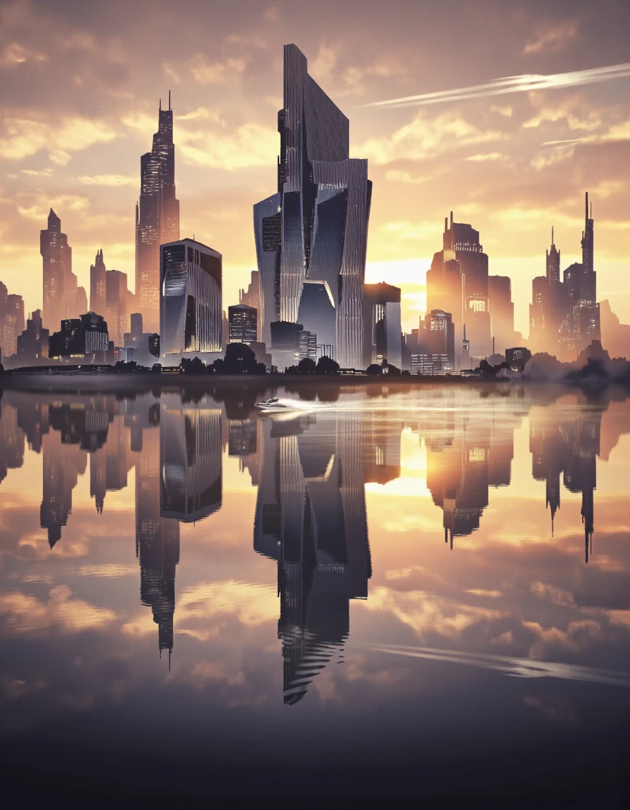 QuantumZ. A futuristic city skyline at sunset reflected in a calm lake ...