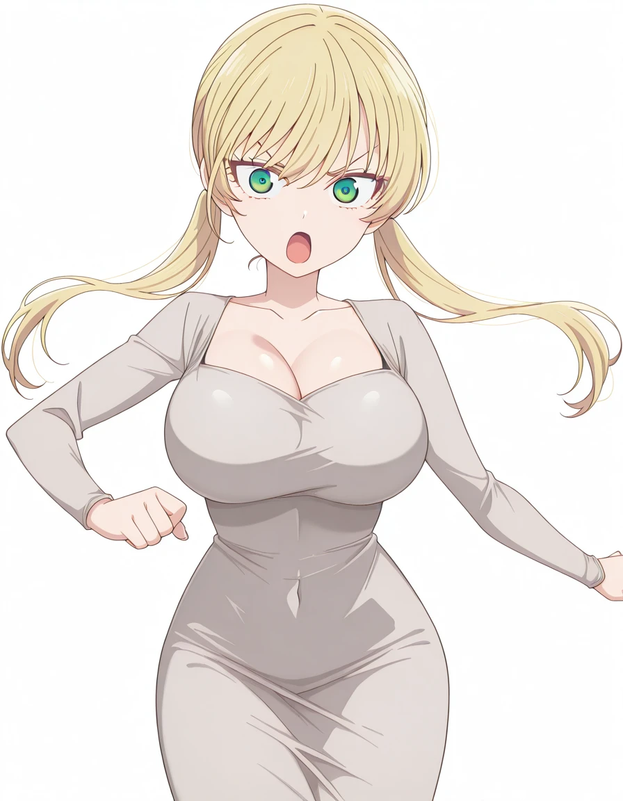masterpiece, best quality, amazing quality,, <lora:rika-hoshizaki-s2-illustriousxl-lora-nochekaiser:1>, rika hoshizaki, green eyes, blonde hair, twintails, mature female, breasts, anime screencap, <lora:dongtan-dress-illustriousxl-lora-nochekaiser:1>, dongtan dress, cleavage, taut dress, grey dress, collarbone,, <lora:dynamic-pose-illustriousxl-lora-nochekaiser:1>, dynamic pose, cowboy shot, determined,furrowed_brow,serious, open mouth, <lora:transparent-background-illustriousxl-lora-nochekaiser:1>, transparent background, simple background, white background, ,