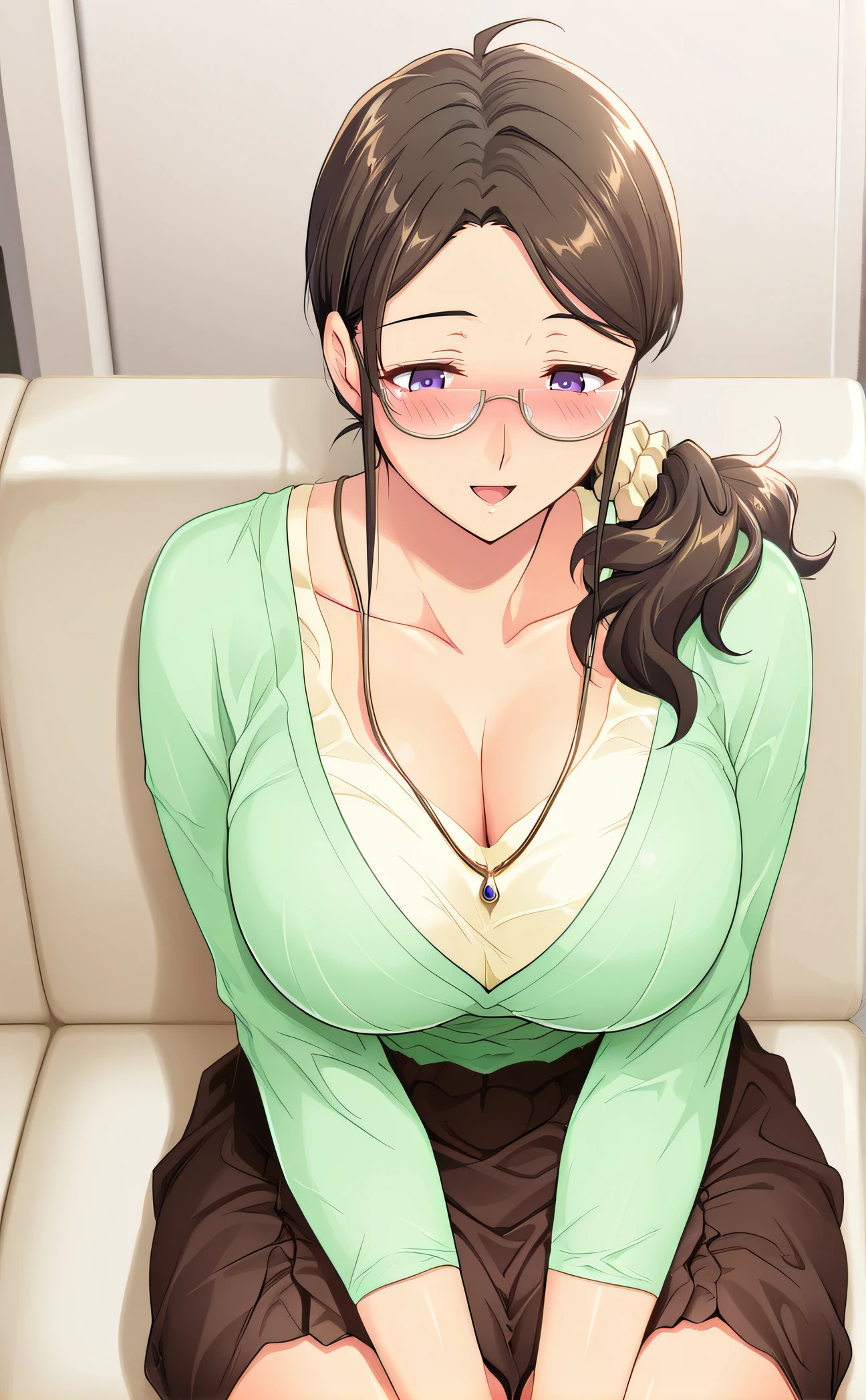 [masterpiece, best quality, ultra high res, beautiful detailed hair detailed face, perfect feminine face, william-adolphe bouguereau], (Night:1.7), Modern apartment, high rise, CityView, Before Window,
Standing at attention,Hands Down,
Green shirt,long sleeves, cleavage, collarbone,
Glasses,brown hair,purple eyes,braid,single braid,yellow hair ornament,
1 girl, 20yo,Young female,Beautiful Finger,Beautiful long legs,Beautiful body,
Beautiful Nose,Beautiful character design, perfect eyes, perfect face,expressive eyes,
looking at viewer, in the center of the image,(Upper_body),(Focus on her face),
official art,extremely detailed CG unity 8k wallpaper, perfect lighting,Colorful, Bright_Front_face_Lighting,shiny skin,
(masterpiece:1.0),(best_quality:1.0), ultra high res,4K,ultra-detailed,
photography, 8K, HDR, highres, absurdres:1.2, Kodak portra 400, film grain, blurry background, bokeh:1.2, lens flare, (vibrant_color:1.2)
(Beautiful,large_Breasts:1.4), (beautiful_face:1.5),(narrow_waist),