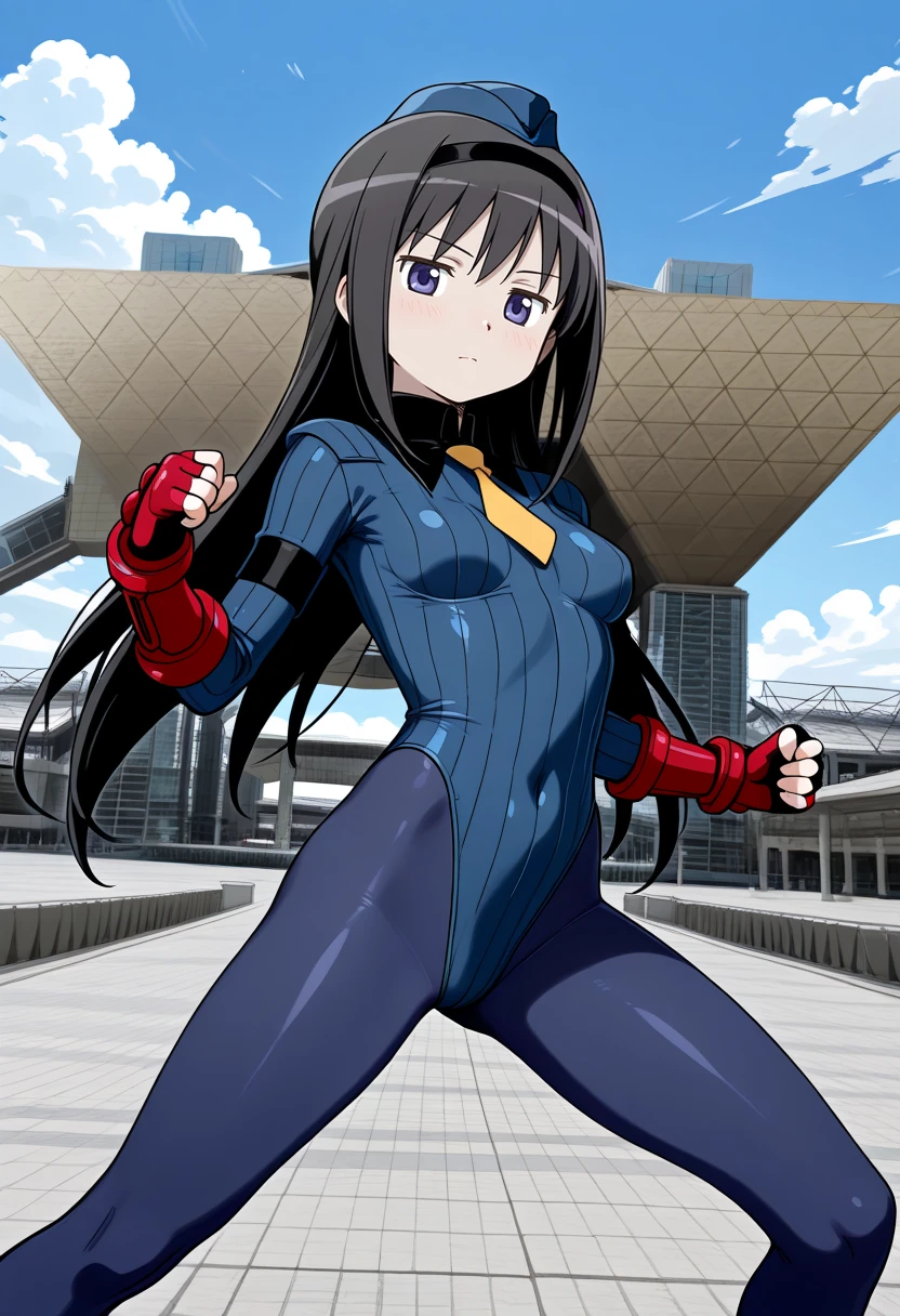 masterpiece, best quality, 1girl, solo, <lora:ill_madomagi_homura:0.9>, akemi homura, black hair, long hair, hairband, black hairband, <lora:ill_killerbee_2:1>, highleg leotard, shoulder pads, ribbed leotard, yellow short necktie, dark-blue leotard, dark-blue pantyhose, red gloves, fingerless gloves, arm band, black garrison cap, skin tight, medium breasts, purple eyes, looking at viewer, serious, (fighting stance:1.2) BREAK <lora:Tokyo-Bigsight-IllustriousXLV01-V1:1>, bigsight, kokusaitenjijou, road, pavement, day, blue sky, cloud