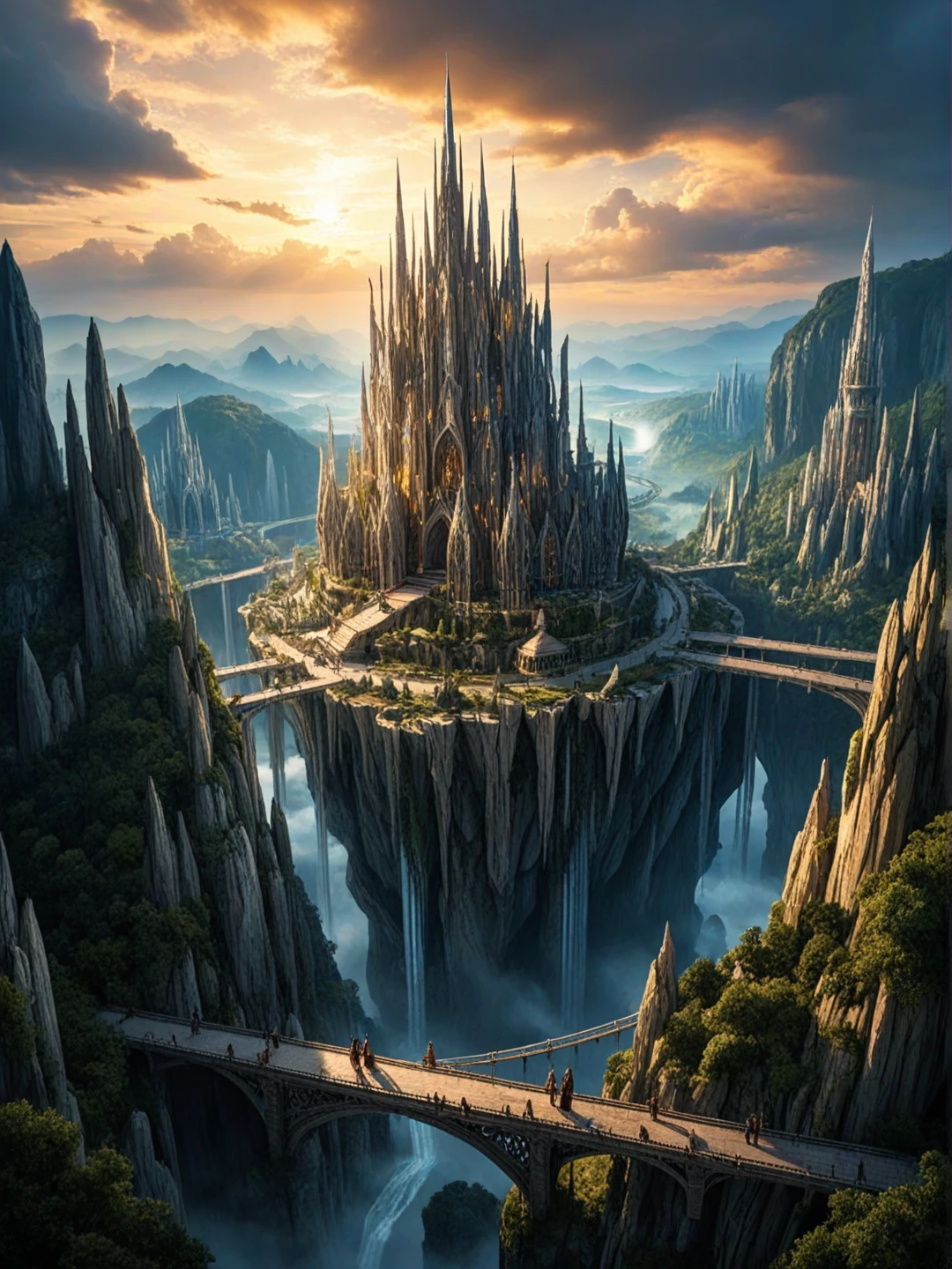 a wide aerial view of a floating elven city in the sky,with two elven figures walking side by side across a glowing skybridge,the bridge arching between tall crystal towers,surrounded by clouds and golden light,majestic and serene atmosphere,vivid style,magical fantasy architecture,