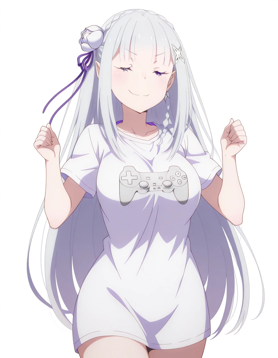 masterpiece, best quality, amazing quality,, <lora:rezero-emilia-s3-p2-illustriousxl-lora-nochekaiser:1>, emilia, emilia (re:zero), braid, crown braid, flower, hair flower, hair ornament, hair ribbon, long hair, pointy ears, purple eyes, white hair, x hair ornament, mature female, breasts, anime screencap, <lora:game-controller-print-illustriousxl-lora-nochekaiser:1>, game controller print, game controller, print shirt,, <lora:zui-zui-dance-illustriousxl-lora-nochekaiser:1>, zui zui dance, dancing, closed eyes, smile, cowboy shot,, smirk, , <lora:transparent-background-illustriousxl-lora-nochekaiser:1>, transparent background, simple background, white background, ,