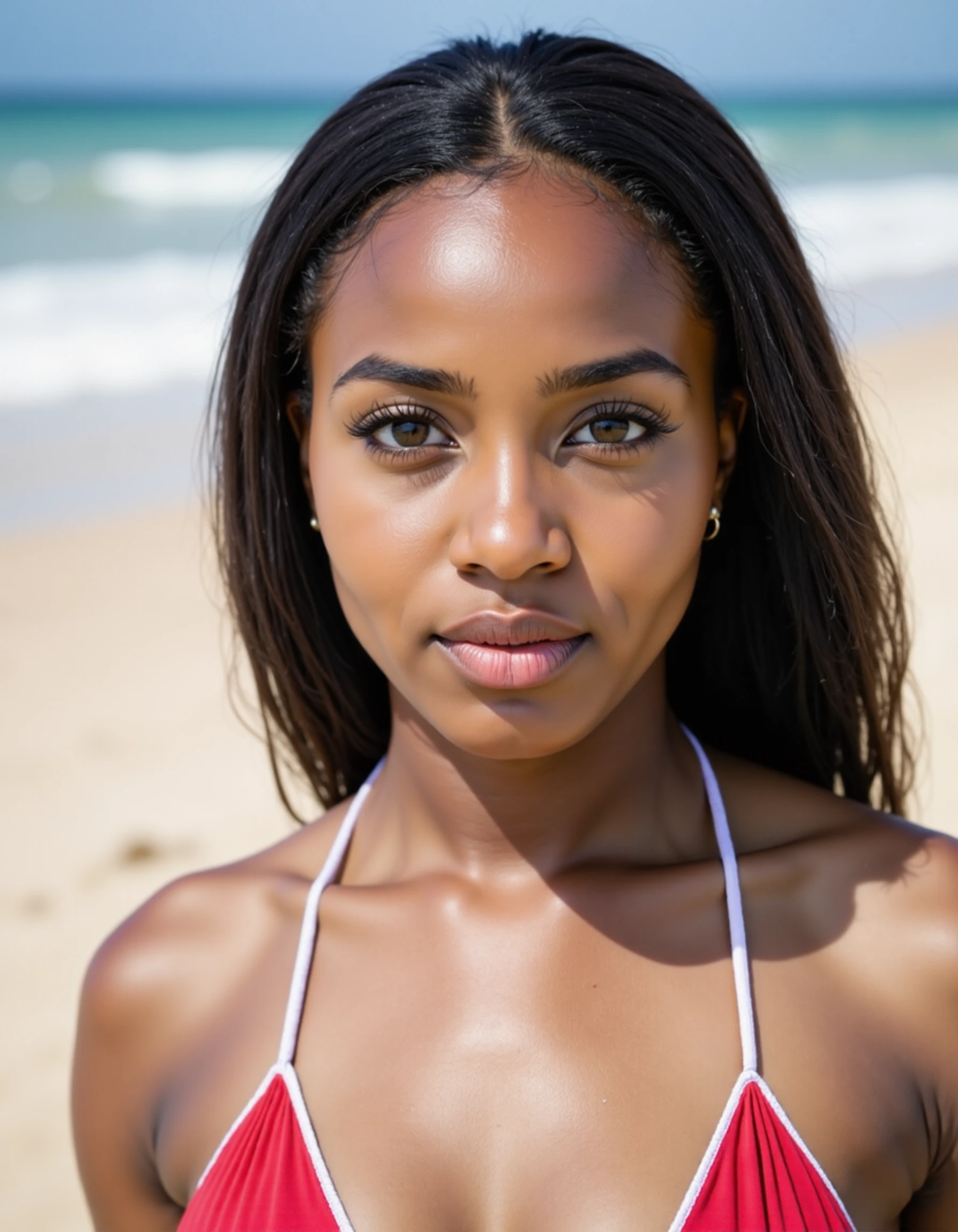 A brown African girl with good looking breasts in a red bikini, smiling, ultra-detailed, (best quality,4k,8k,highres,masterpiece:1.2),ultra-detailed,(realistic,photorealistic,photo-realistic:1.37),beautiful detailed eyes,beautiful detailed lips,extremely detailed eyes and face,longeyela shes,outdoor,sunny day,warm lighting,vibrant colors,cinematic lighting