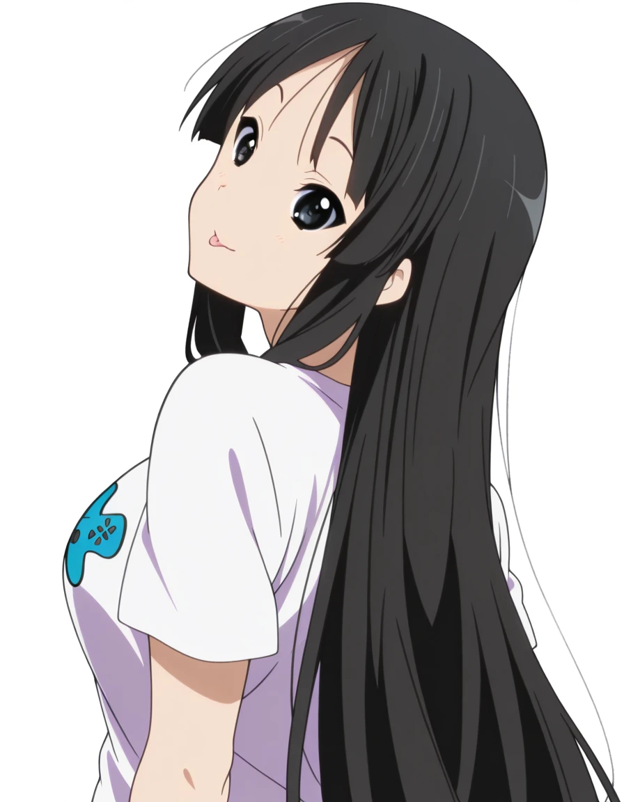masterpiece, best quality, amazing quality,, <lora:mio-akiyama-s2-illustriousxl-lora-nochekaiser:1>, mio akiyama, akiyama mio, long hair, bangs, black hair, black eyes, hime cut, mature female, medium breasts, anime screencap, <lora:game-controller-print-illustriousxl-lora-nochekaiser:1>, game controller print, game controller, print shirt,, <lora:shaft-look-illustriousxl-lora-nochekaiser:1>, shaft look, looking back, from behind, head tilt, upper body, smile,, tongue_out, , <lora:transparent-background-illustriousxl-lora-nochekaiser:1>, transparent background, simple background, white background, ,