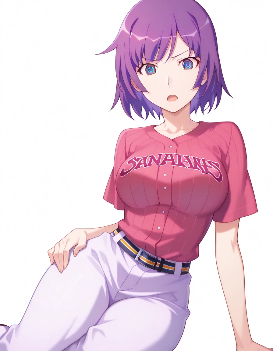masterpiece, best quality, amazing quality,, <lora:hitagi-senjougahara-anime-illustriousxl-lora-nochekaiser:1>, hitagi senjougahara, bangs, short hair, blue eyes, purple hair, breasts, anime screencap, <lora:baseball-uniform-illustriousxl-lora-nochekaiser:1>, baseball uniform, baseball, striped belt, shirt under shirt, sportswear, ribbed shirt, baseball helmet, baseball jersey,, <lora:princess-leia-pose-illustriousxl-lora-nochekaiser:1>, princess leia pose, sitting, hand on own hip, on side,, @_@, open mouth, <lora:transparent-background-illustriousxl-lora-nochekaiser:1>, transparent background, simple background, white background, ,