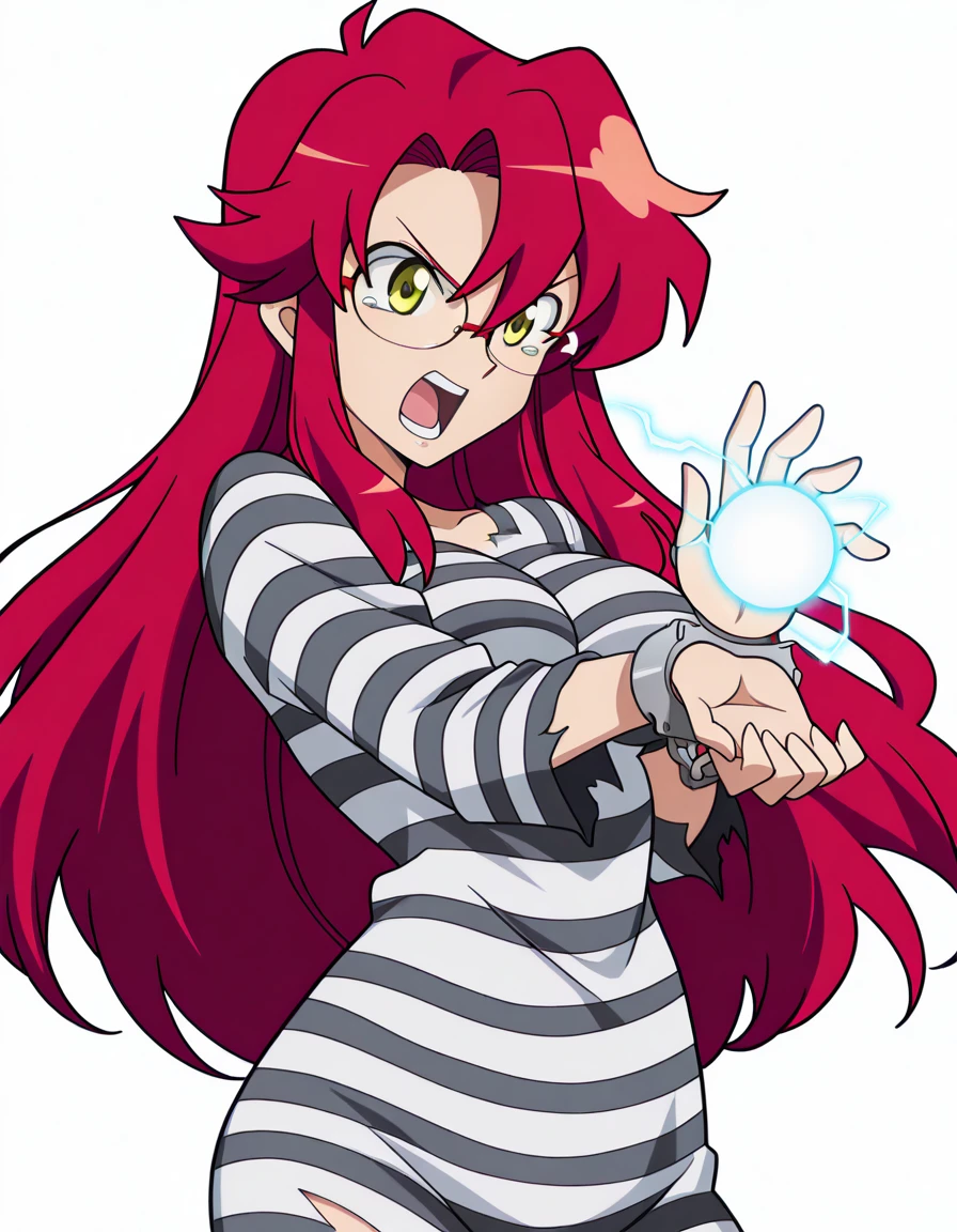 masterpiece, best quality, amazing quality,, <lora:yoko-littner-s1-illustriousxl-lora-nochekaiser:1>, yoko littner, long hair, yellow eyes, red hair, glasses, hair down, mature female, breasts, anime screencap, <lora:prison-clothes-illustriousxl-lora-nochekaiser:1>, prison clothes, prisoner, striped shirt, shackles, handcuffs, chain,, <lora:kamehameha-illustriousxl-lora-nochekaiser:1>, kamehameha, kamehameha (dragon ball), open mouth, outstrecthed arms, torn clothes, shouting, energy, energy beam, energy ball, electricity,, tearing_up, , <lora:transparent-background-illustriousxl-lora-nochekaiser:1>, transparent background, simple background, white background, ,